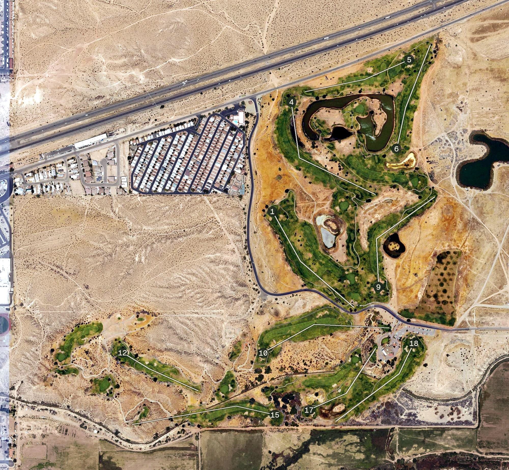 Aerial view of Palms Golf Course, AZ, with its hole routing marked