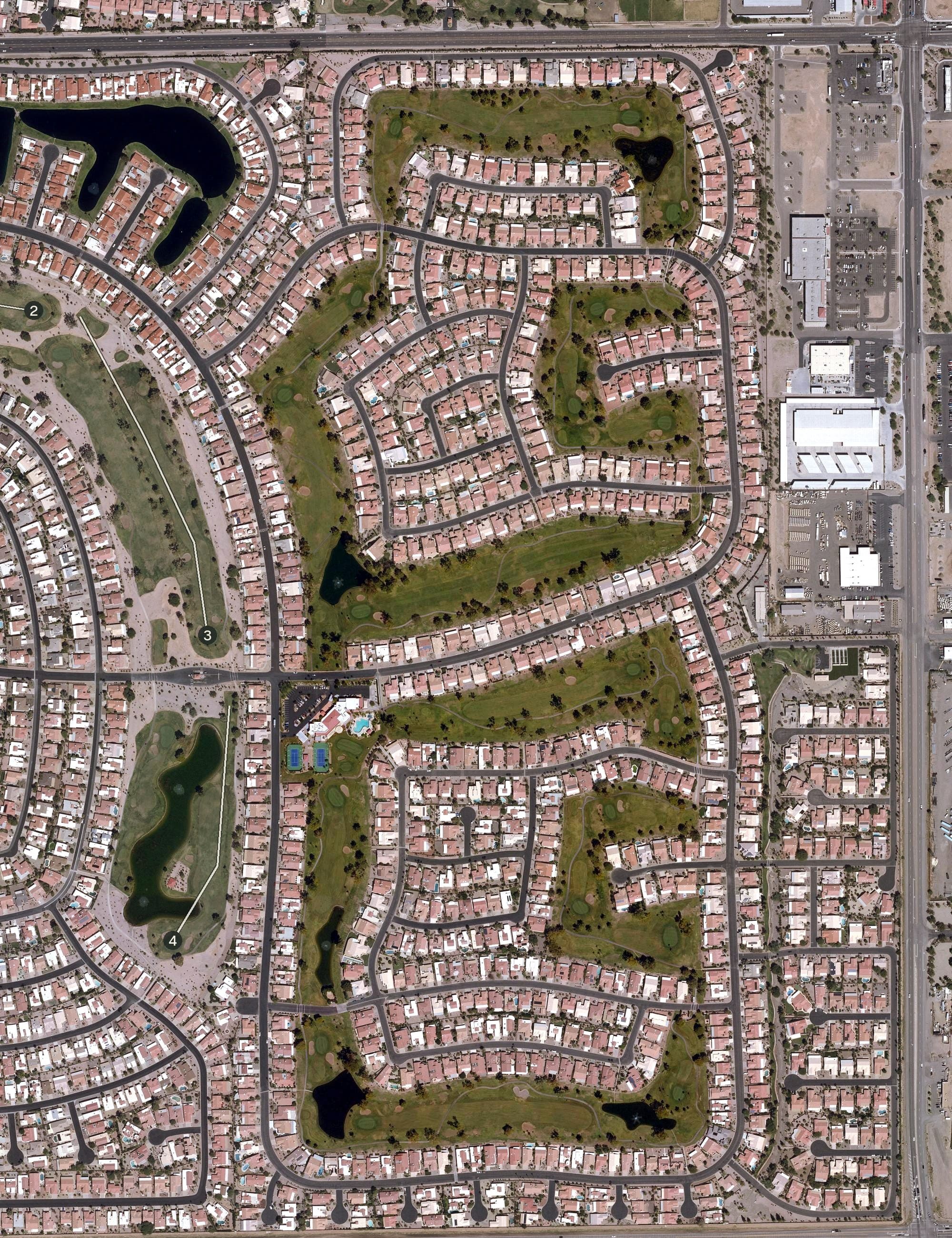 Aerial view of Palo Verde Golf Course, AZ, with its hole routing marked