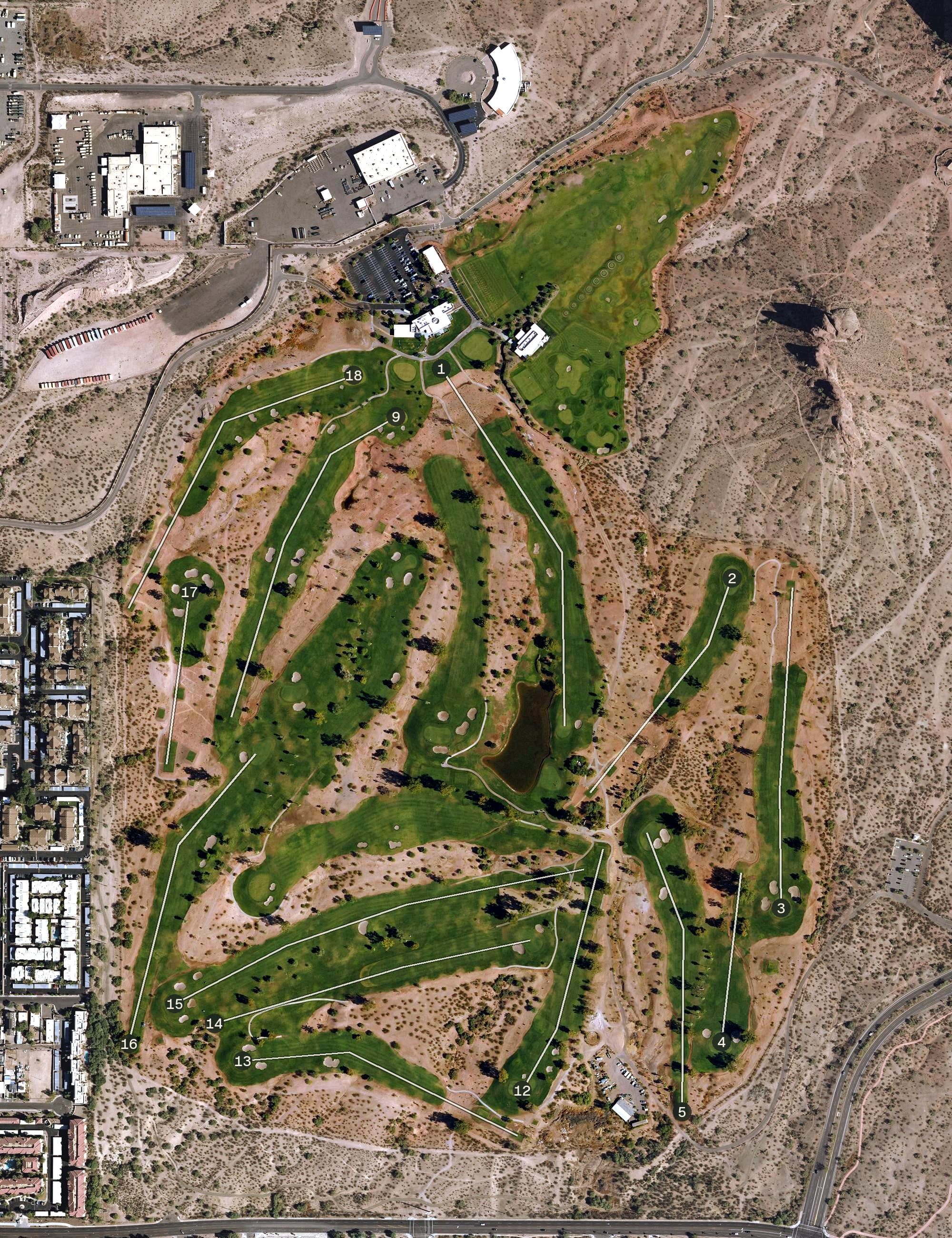 Aerial view of Papago Golf Club, AZ, with its hole routing marked