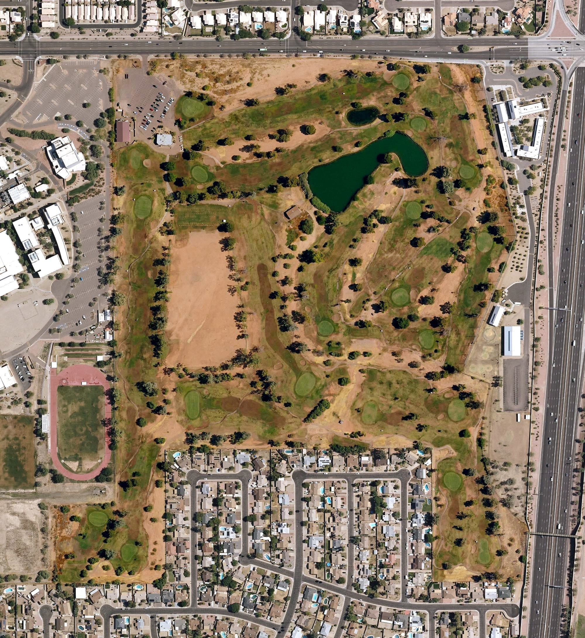 Aerial view of Paradise Valley Park Golf Course (Phoenix), AZ, with its hole routing marked
