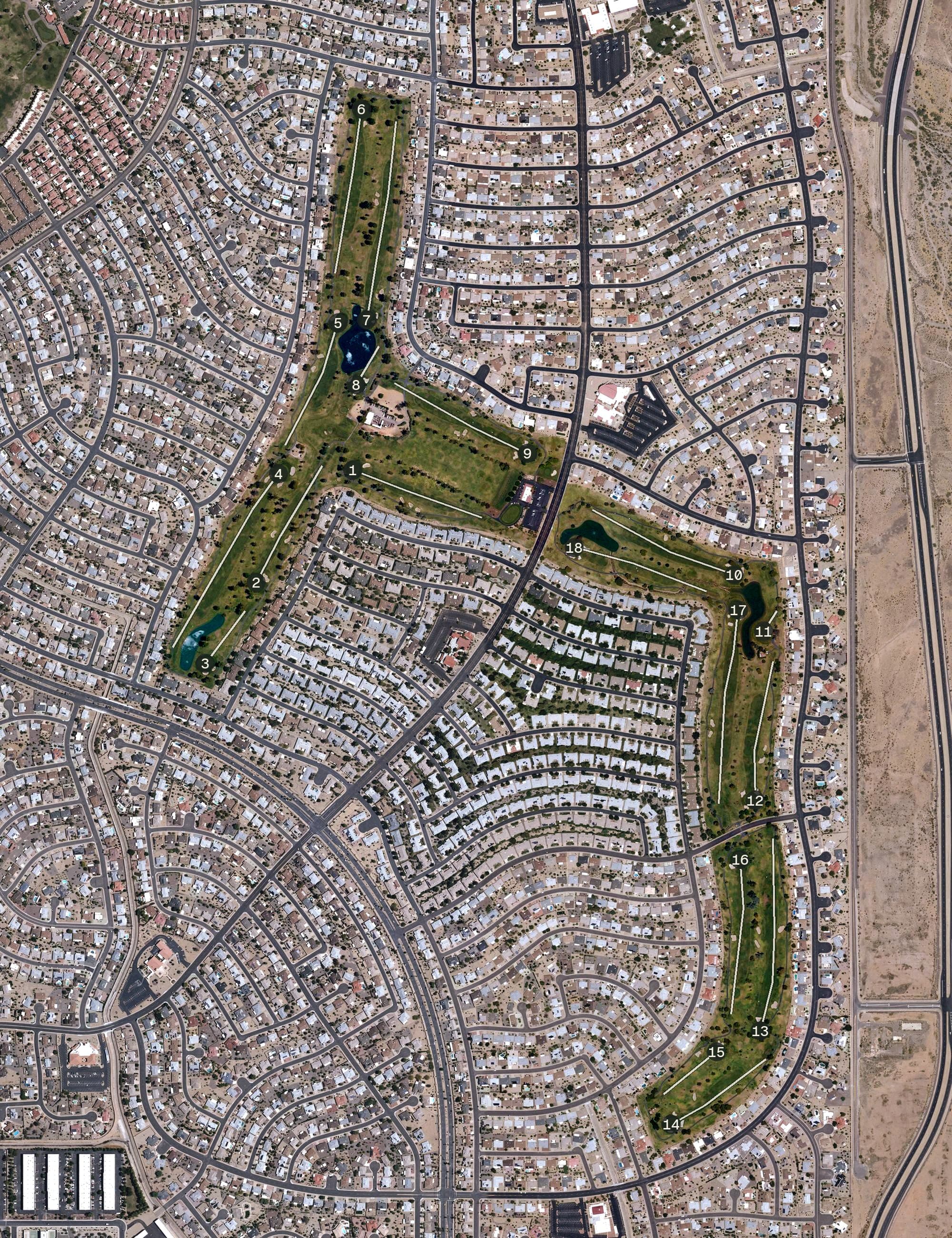 Aerial view of Pebblebrook Golf Course, AZ, with its hole routing marked