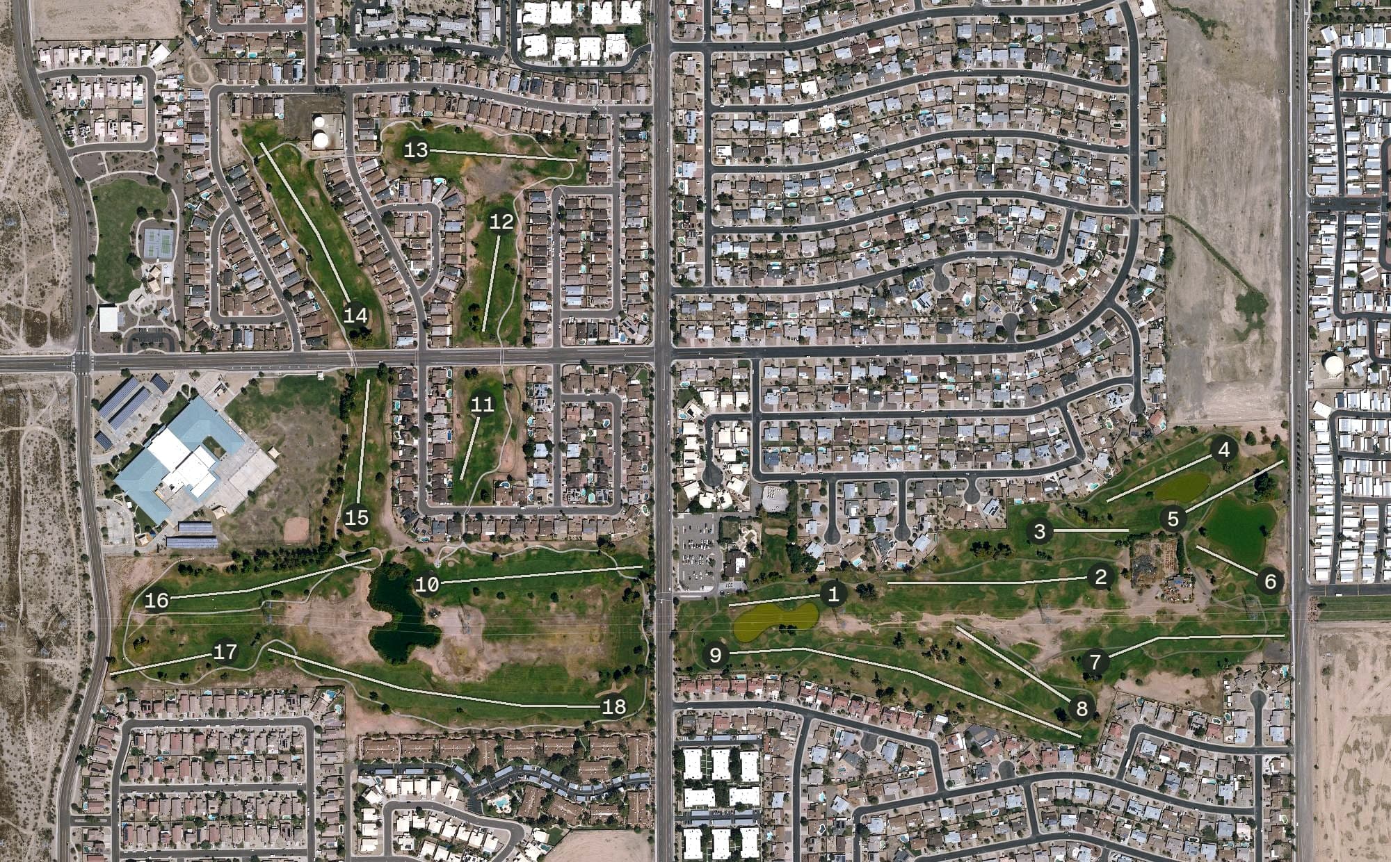 Aerial view of Peoria Pines Golf Course (Country Meadows), AZ, with its hole routing marked