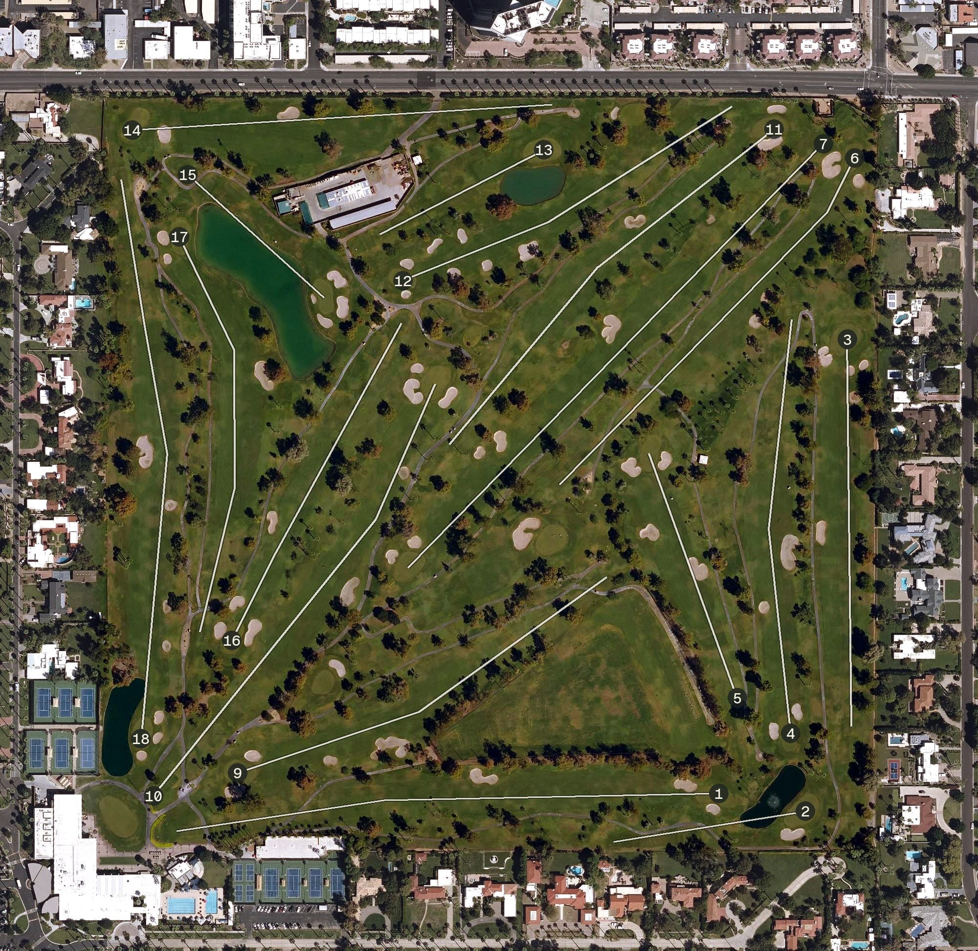 Aerial view of Phoenix Country Club, AZ, with its hole routing marked