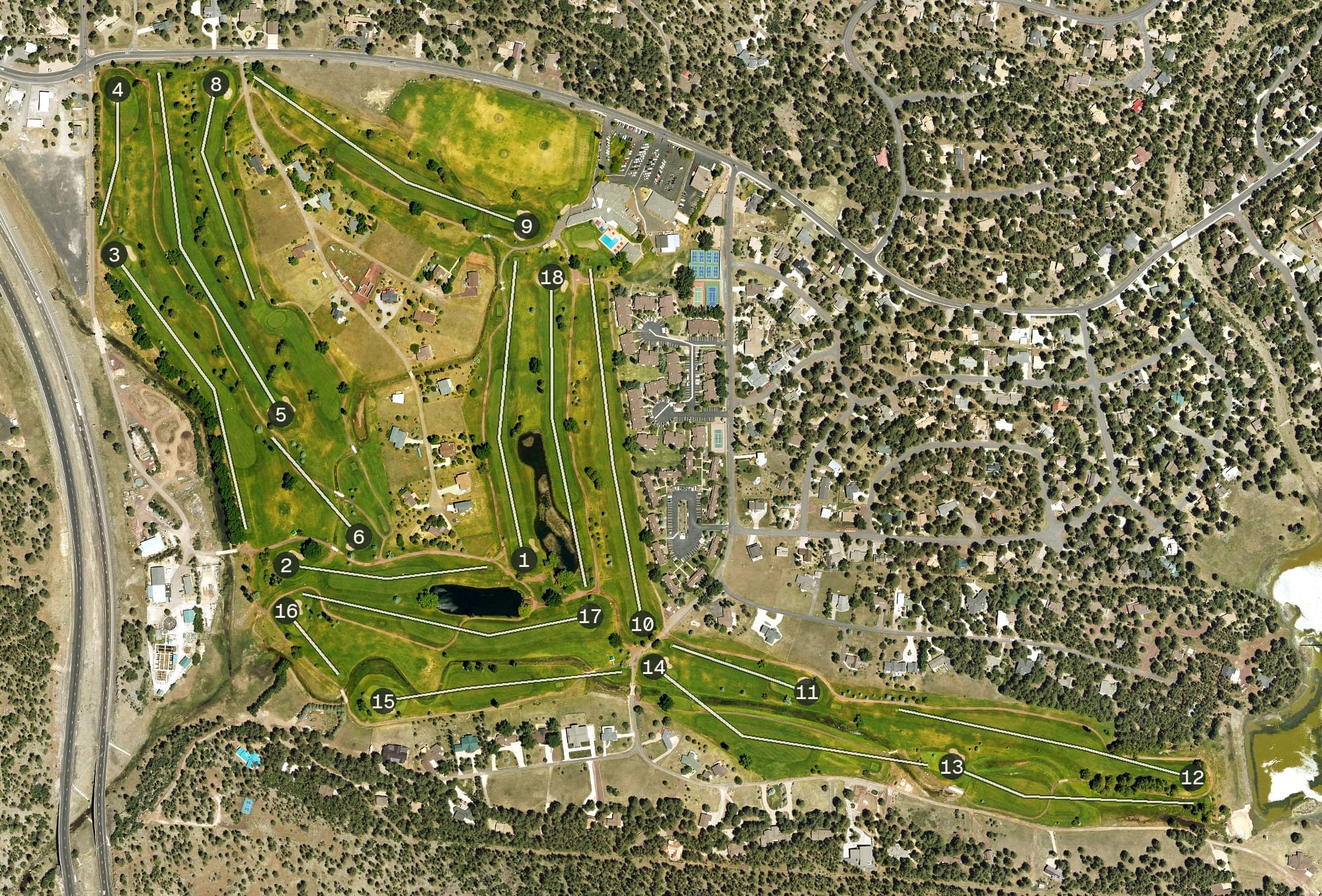 Aerial view of Pinewood Country Club, AZ, with its hole routing marked