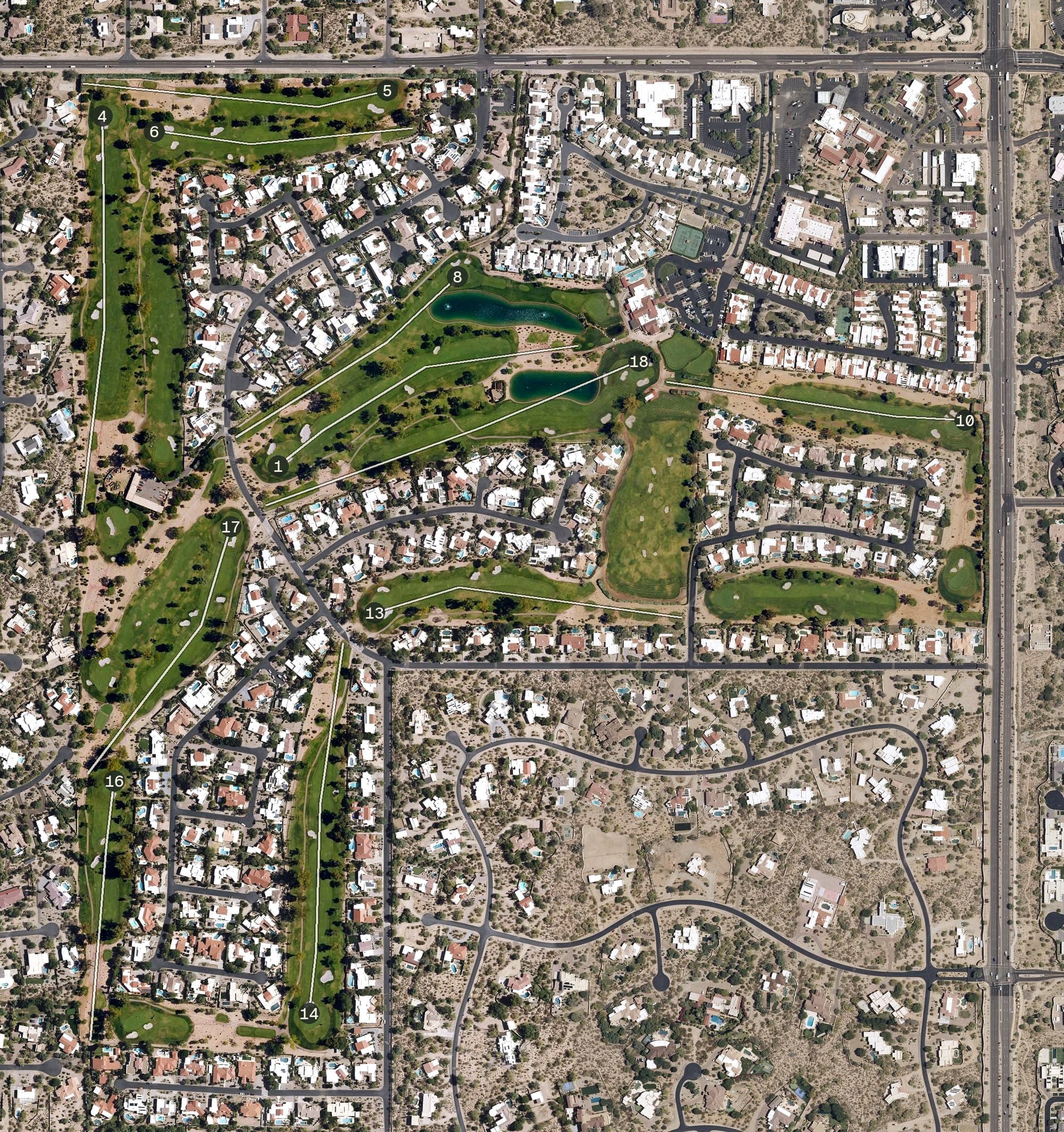 Aerial view of Pinnacle Peak Country Club, AZ, with its hole routing marked