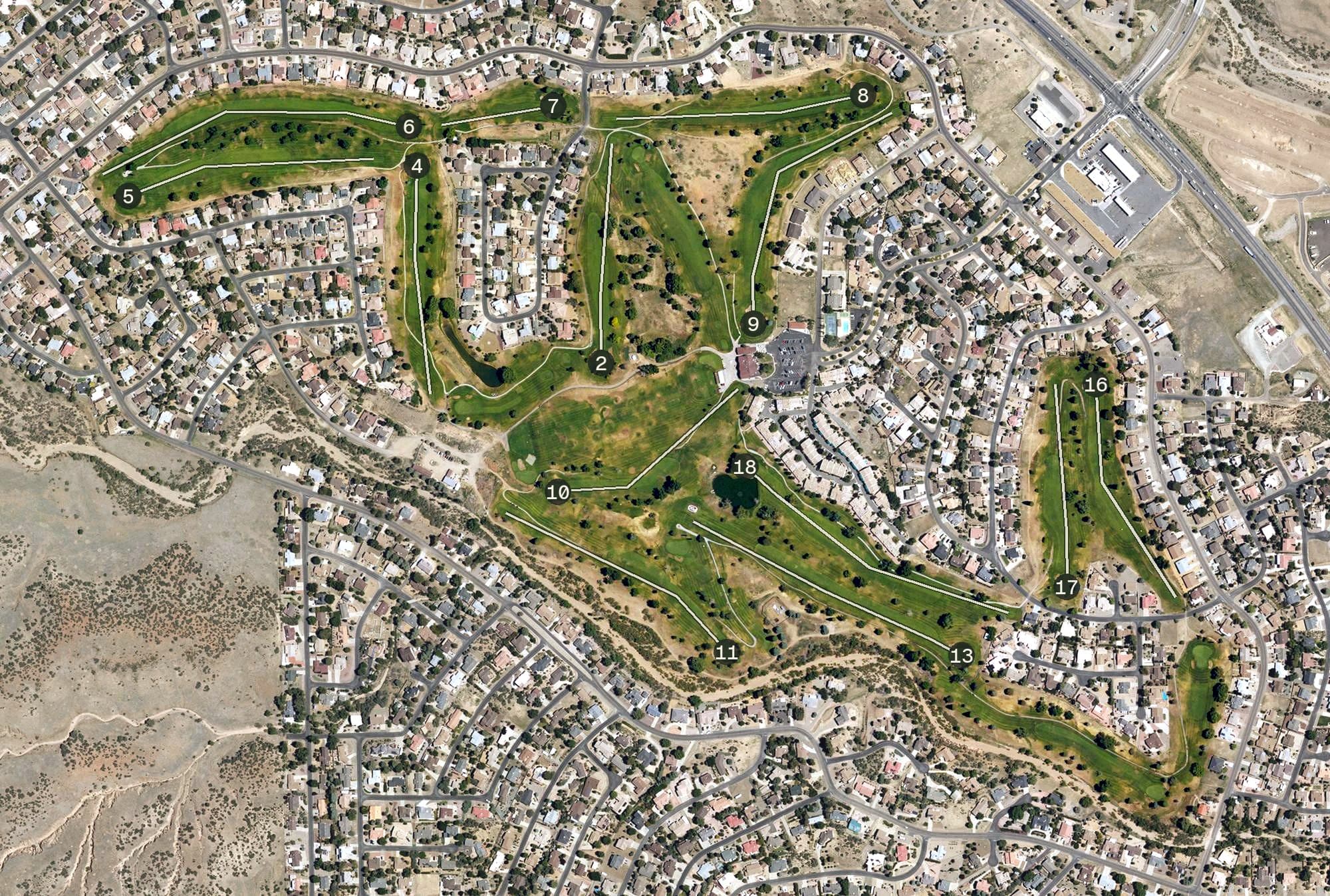 Aerial view of Prescott Country Club, AZ, with its hole routing marked
