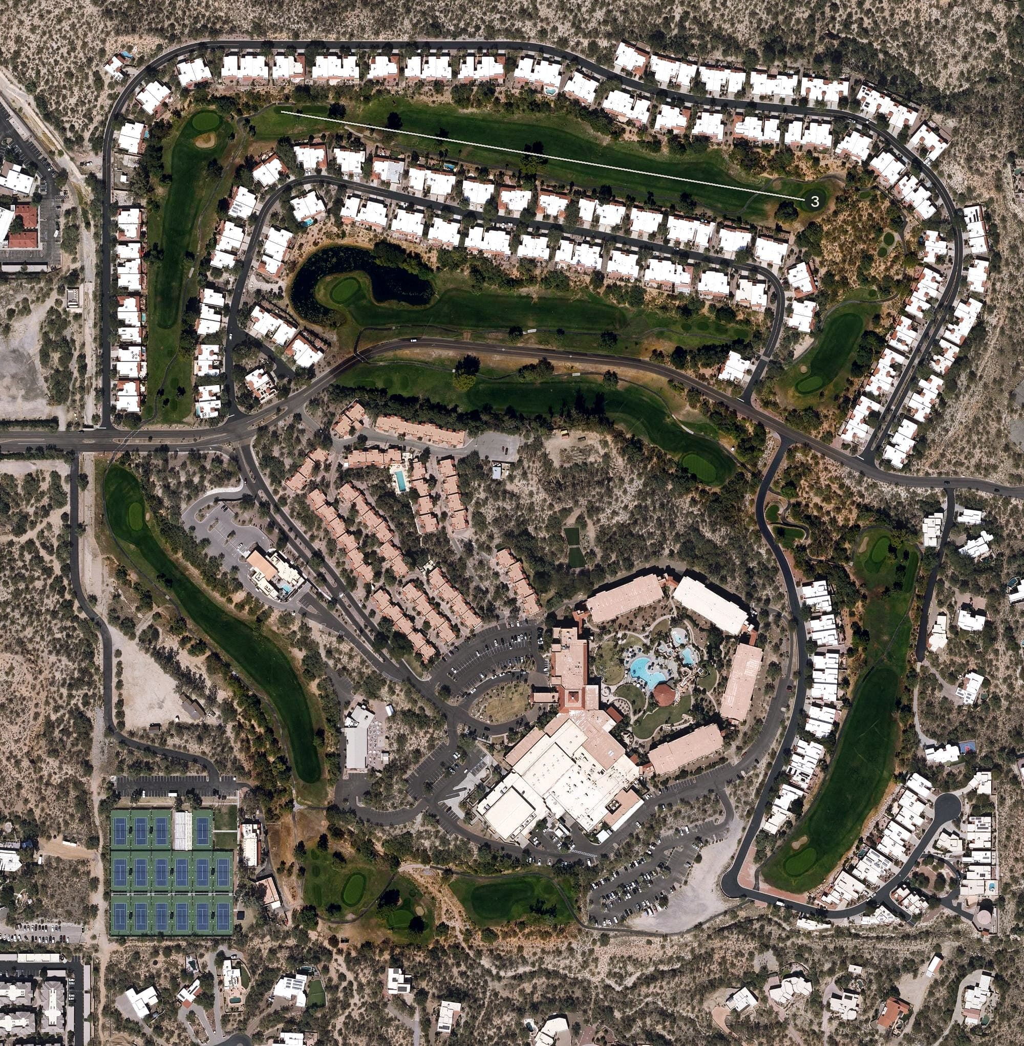 Aerial view of Pusch Ridge Golf Course (Hilton Tucson El Conquistador), AZ, with its hole routing marked