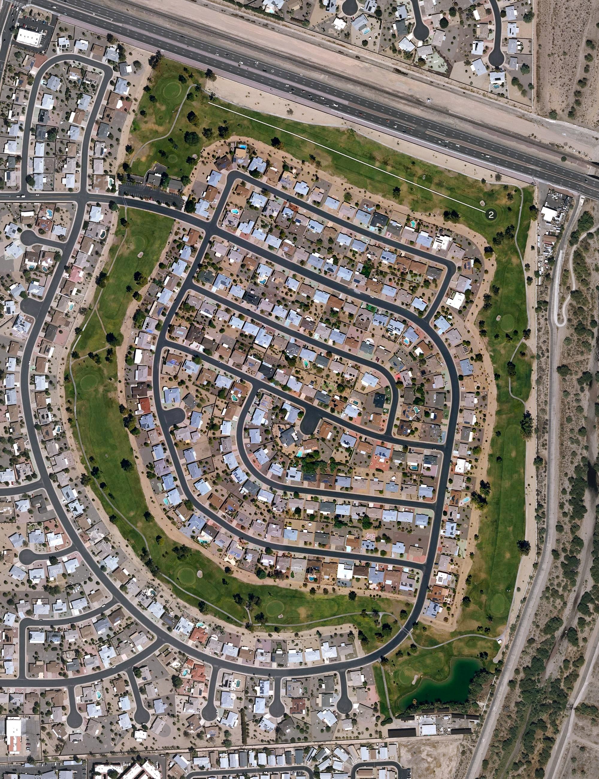Aerial view of Quail Run Golf Course, AZ, with its hole routing marked