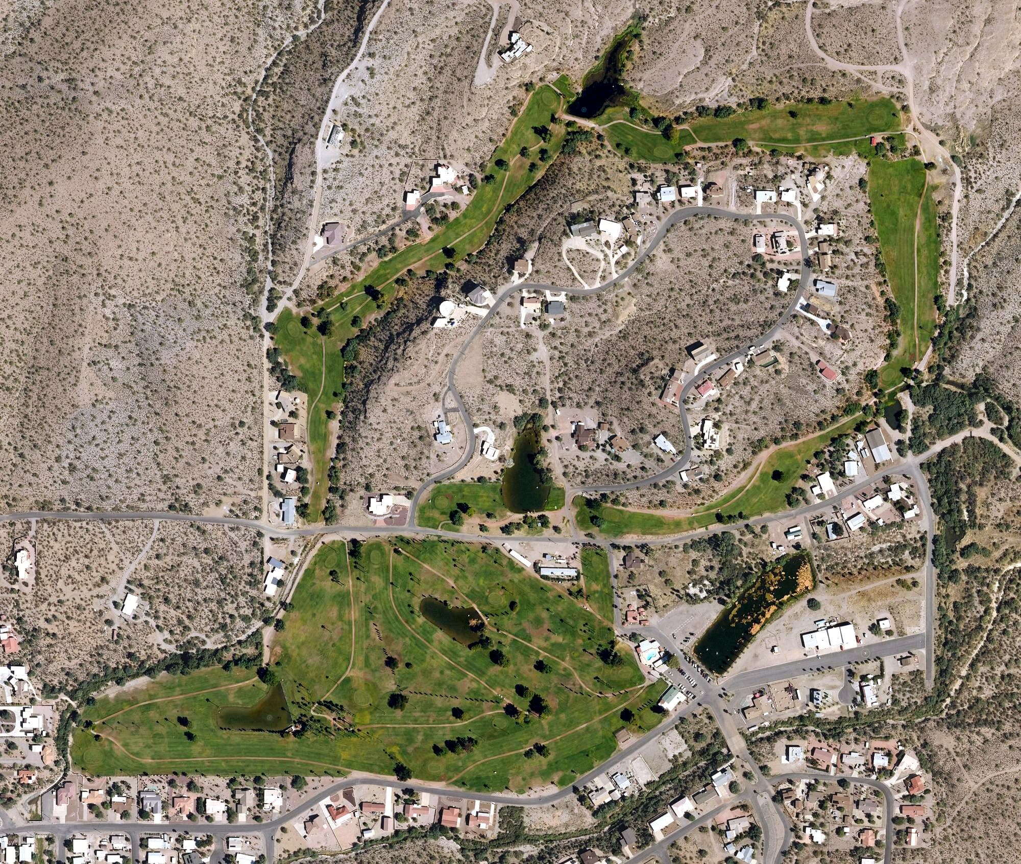 Aerial view of Queen Valley Golf Course, AZ, with its hole routing marked