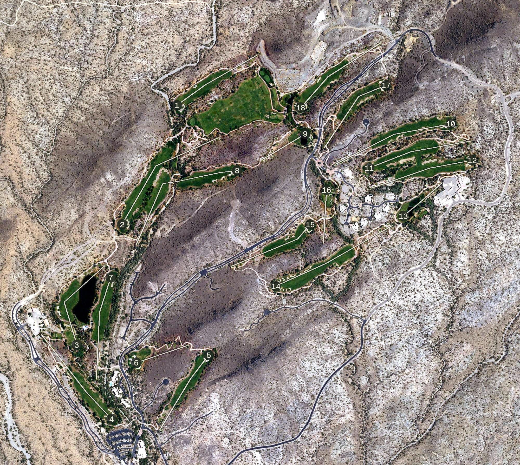 Aerial view of Quintero Golf Club, AZ, with its hole routing marked