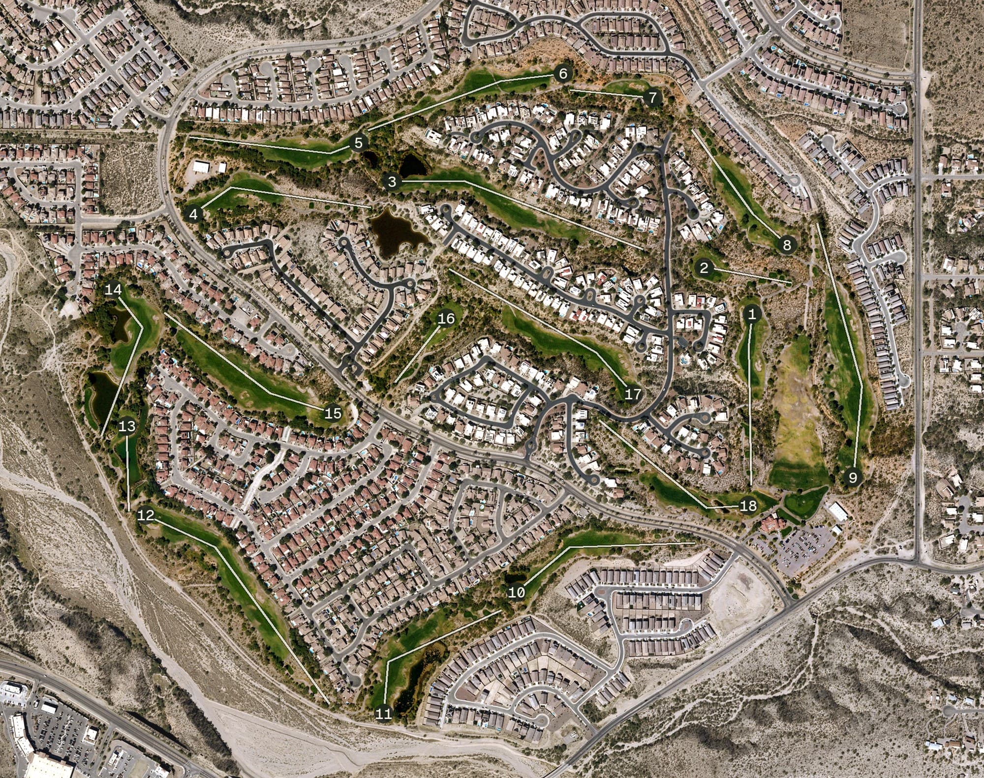 Aerial view of Rancho Del Lago, AZ, with its hole routing marked