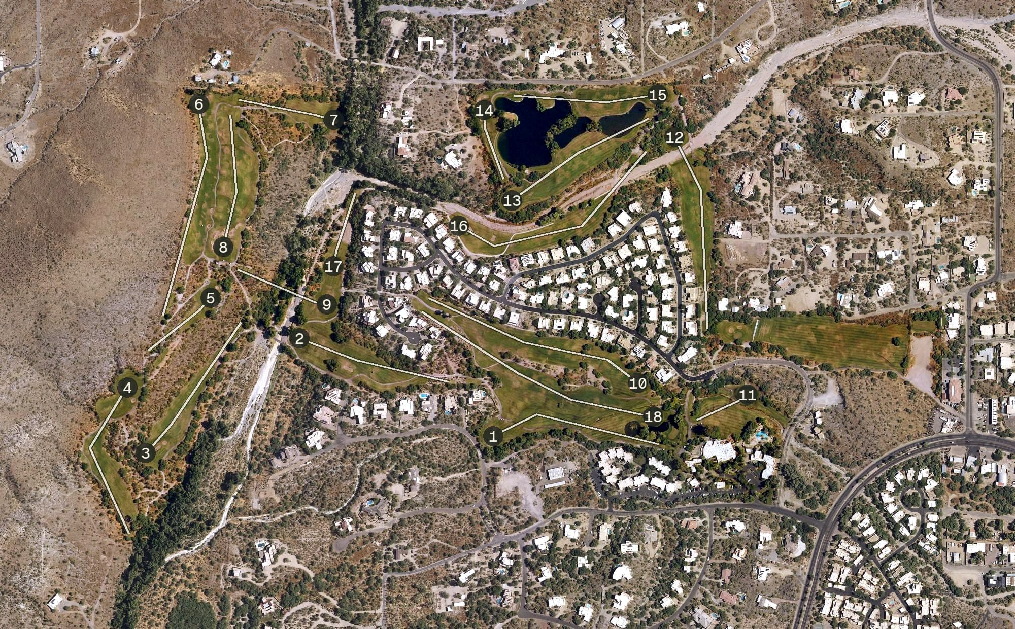 Aerial view of Rancho Mañana Golf Club, AZ, with its hole routing marked