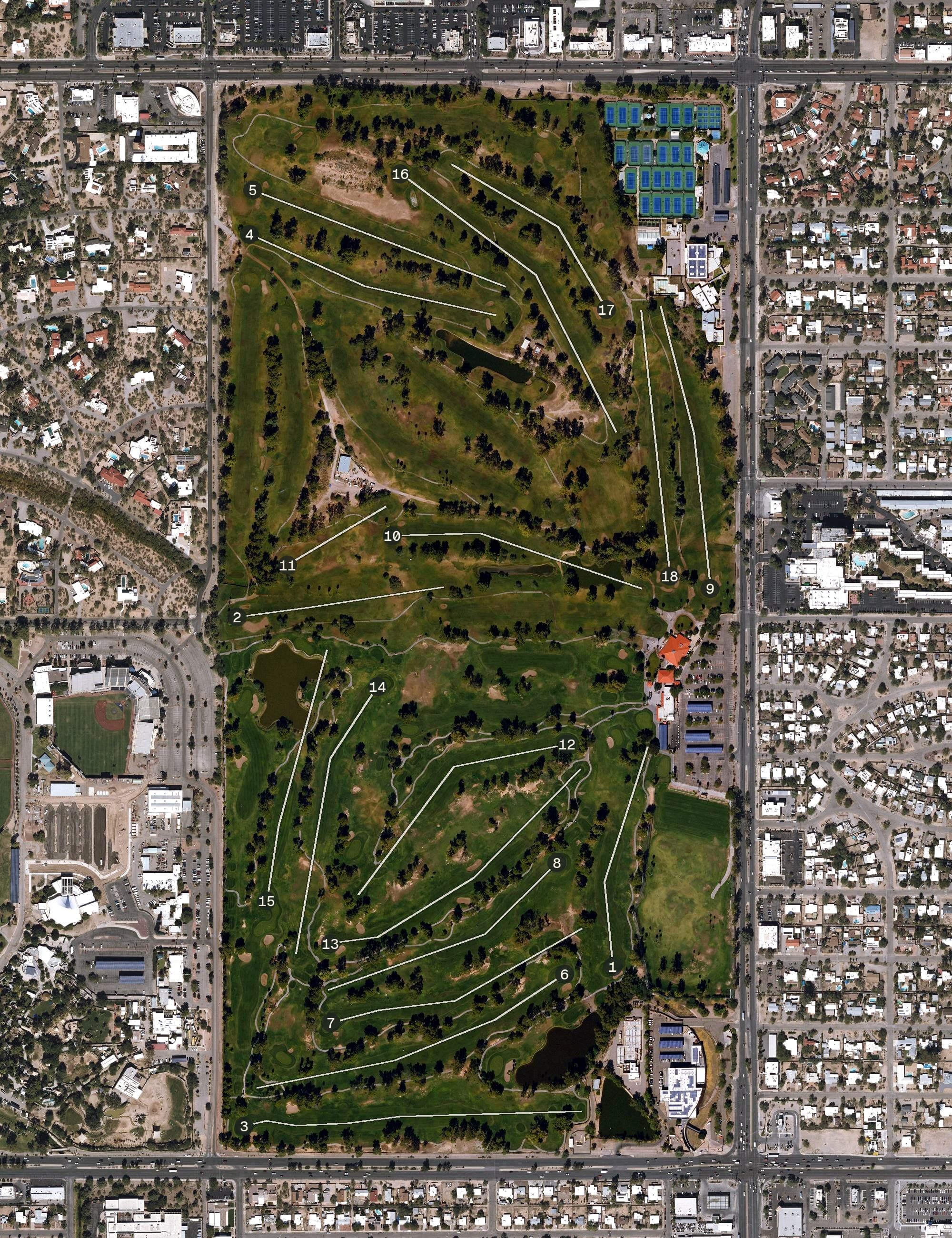 Aerial view of Randolf Golf Complex, AZ, with its hole routing marked