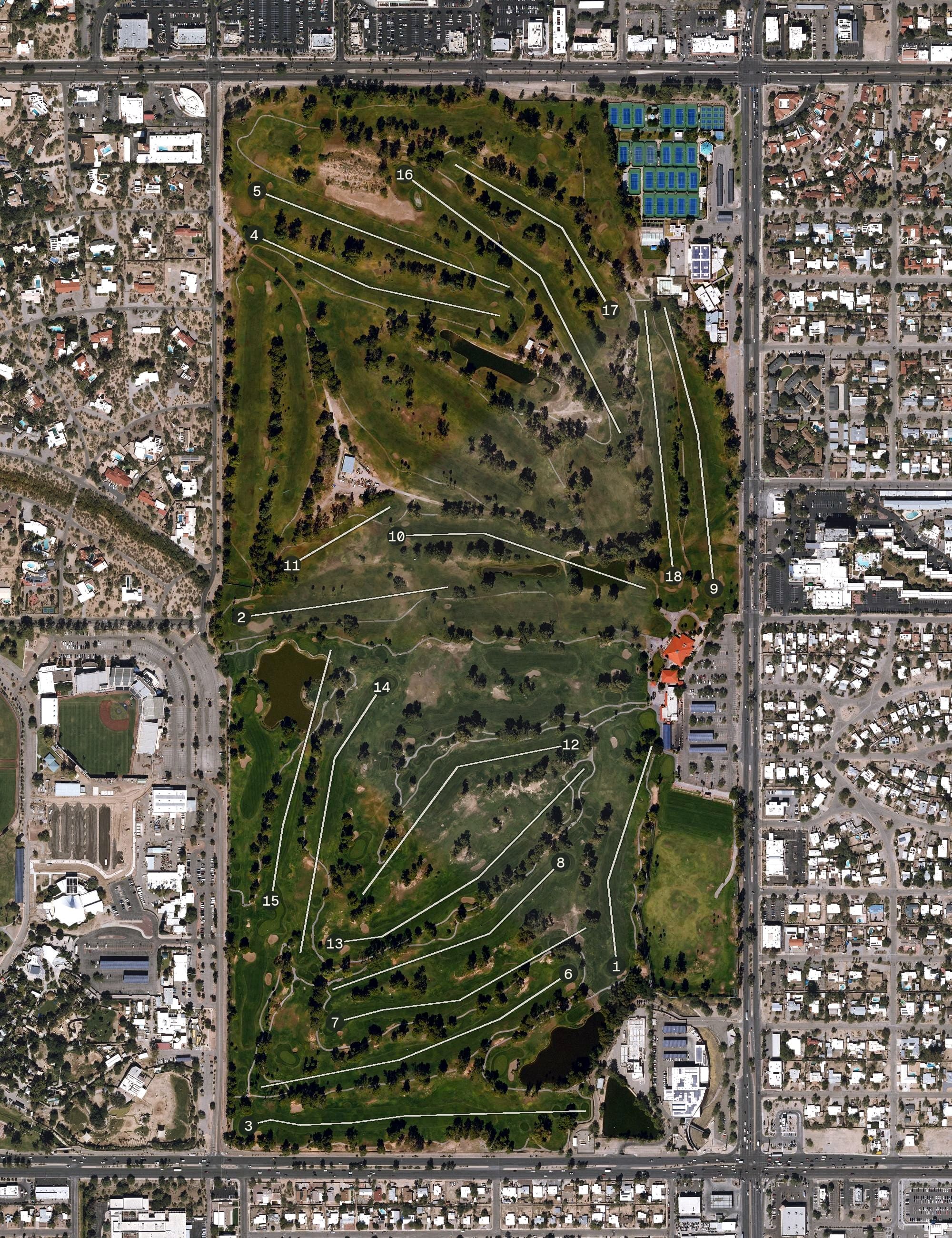 Aerial view of Randolph Golf Complex, AZ, with its hole routing marked
