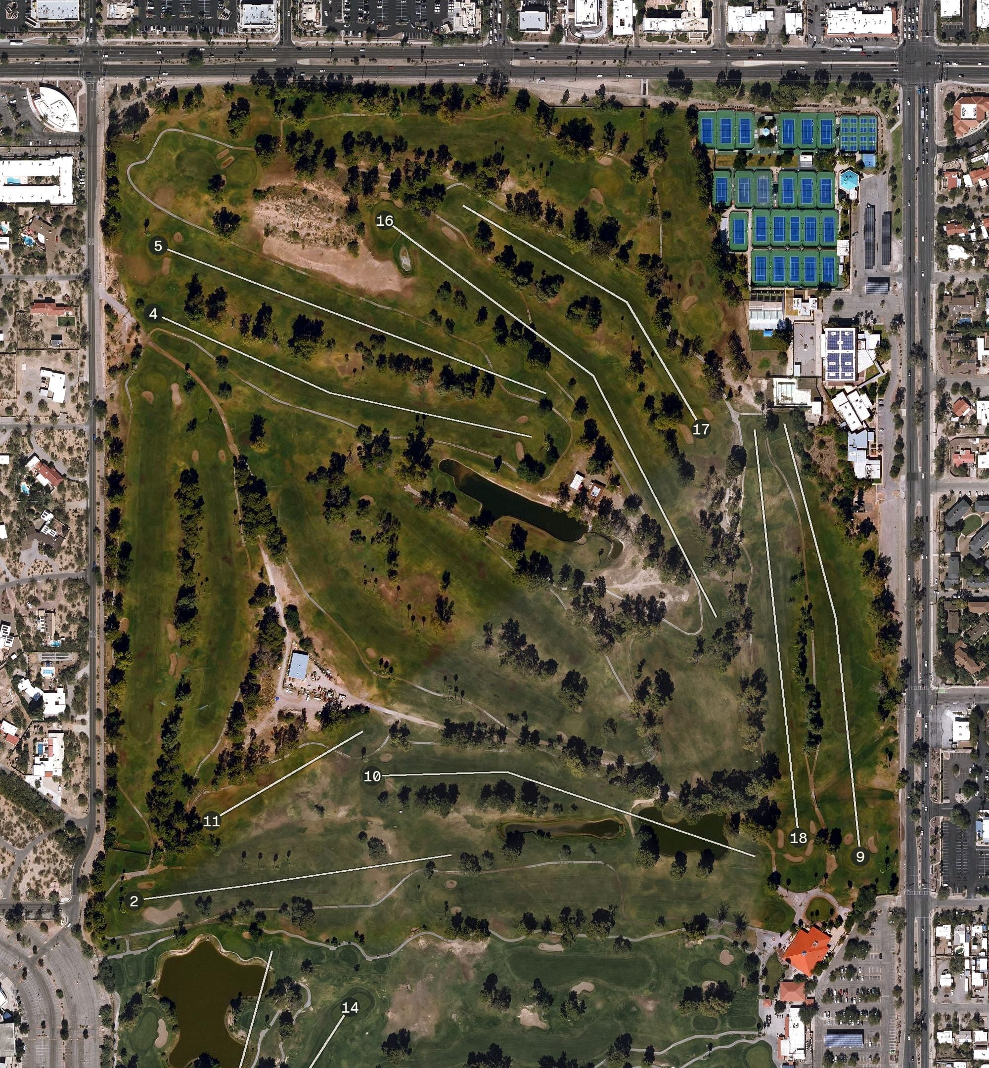 Aerial view of Randolph (North) Course, AZ, with its hole routing marked