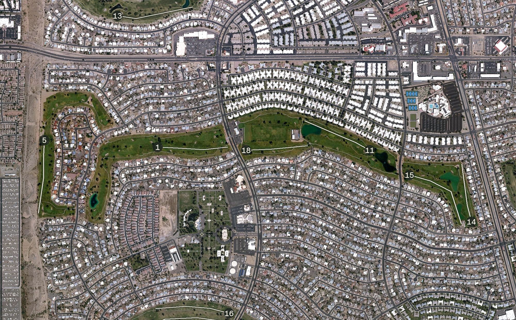 Aerial view of Riverview Golf Course, AZ, with its hole routing marked
