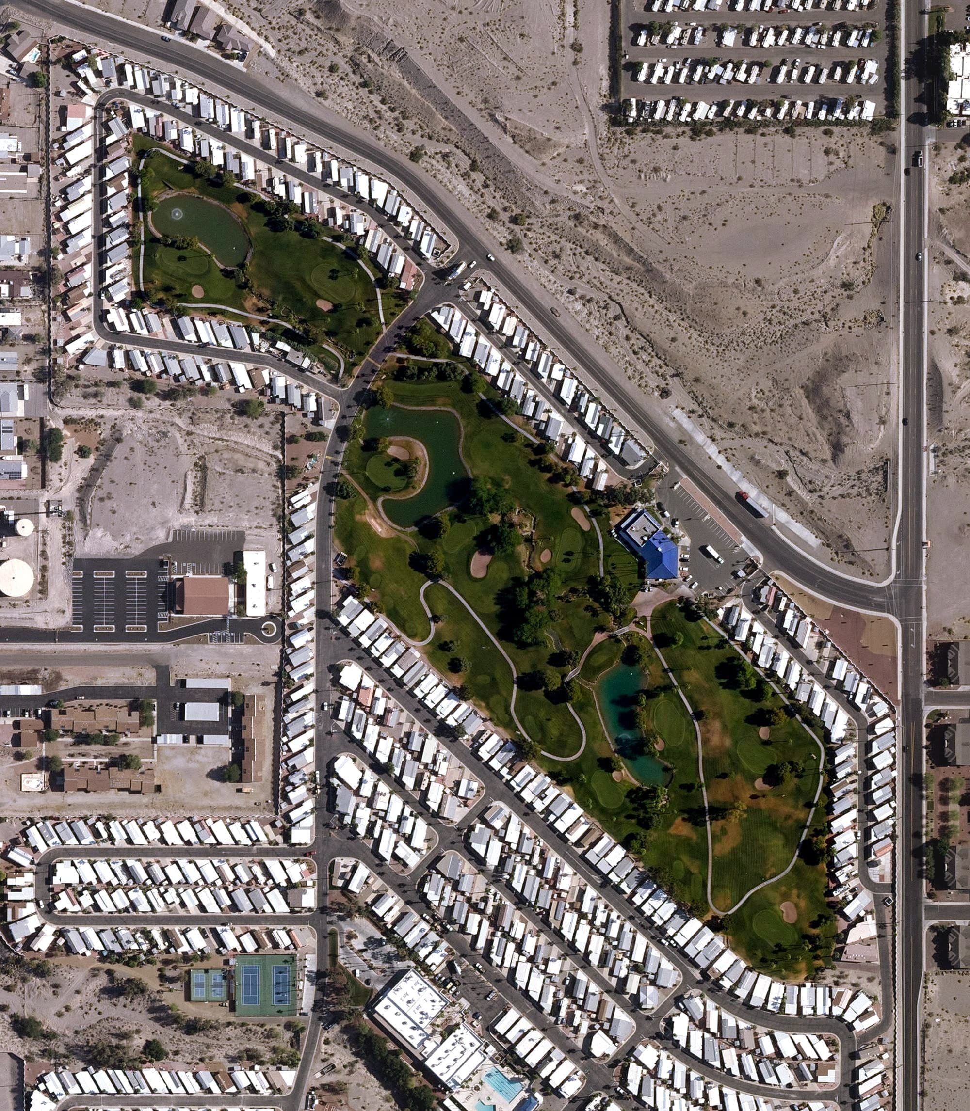 Aerial view of Riverview Resort Golf Course, AZ, with its hole routing marked