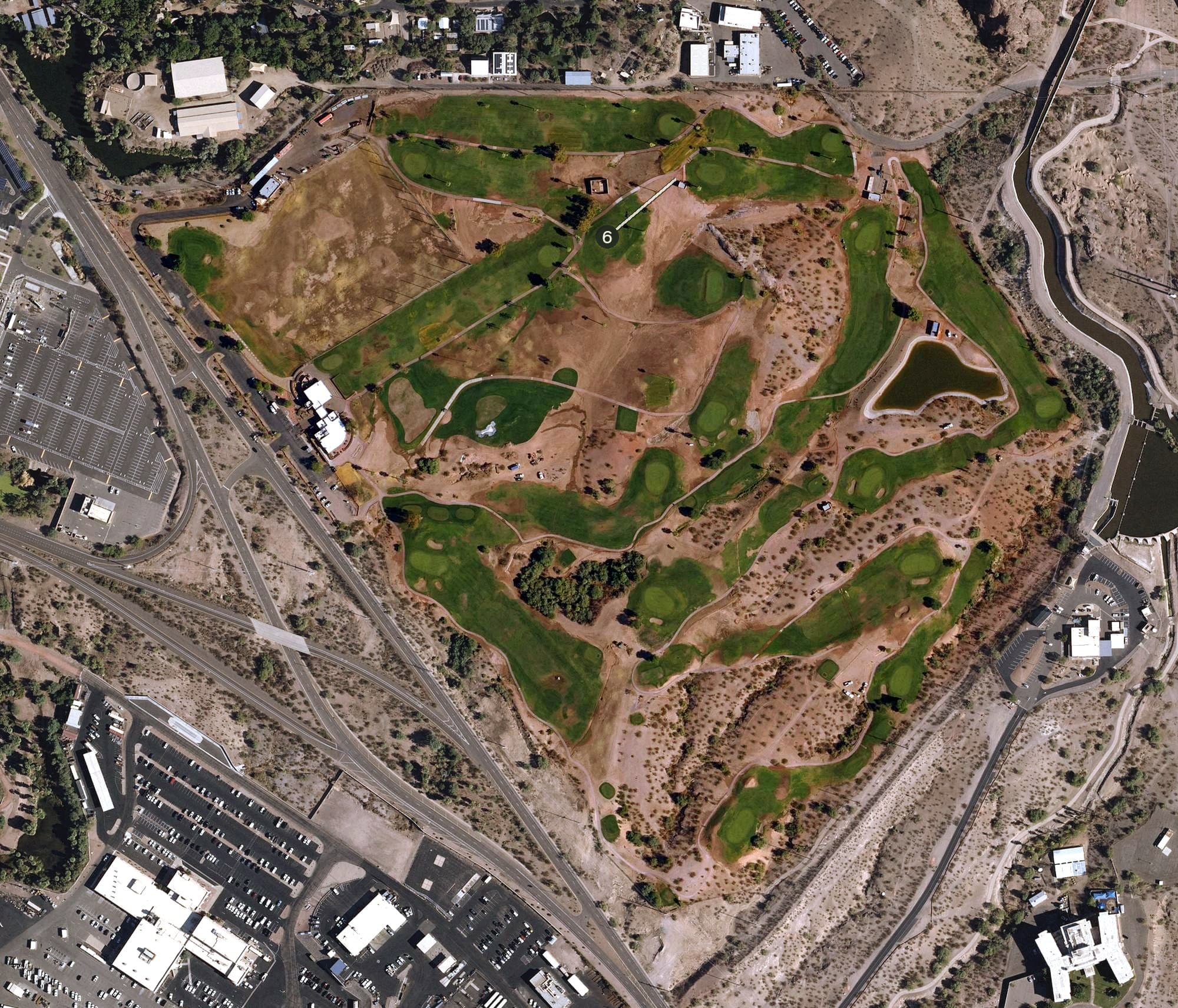 Aerial view of Rolling Hills Golf Course (Tempe), AZ, with its hole routing marked