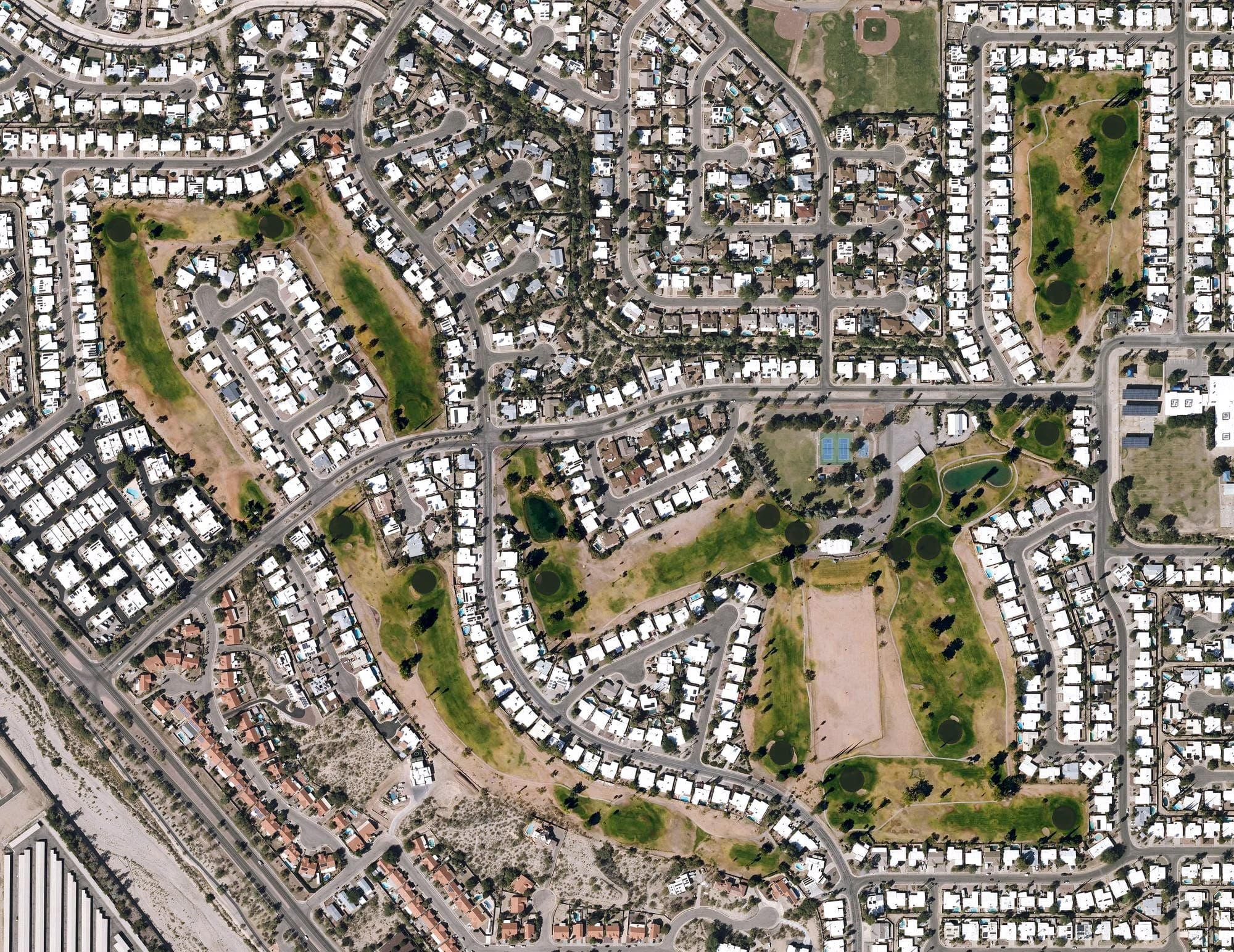 Aerial view of Rolling Hills Golf Course, AZ, with its hole routing marked