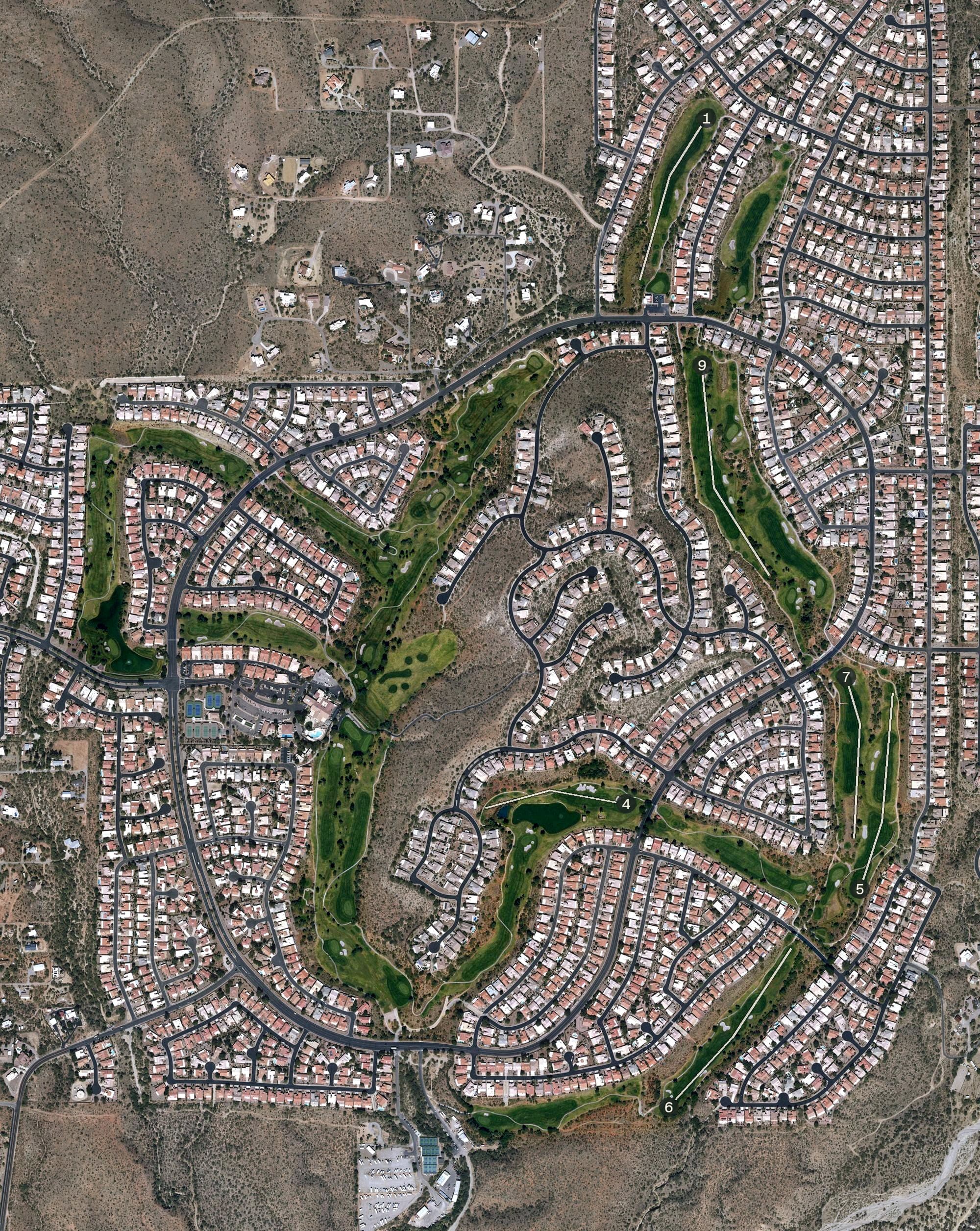 Aerial view of SaddleBrooke One, AZ, with its hole routing marked