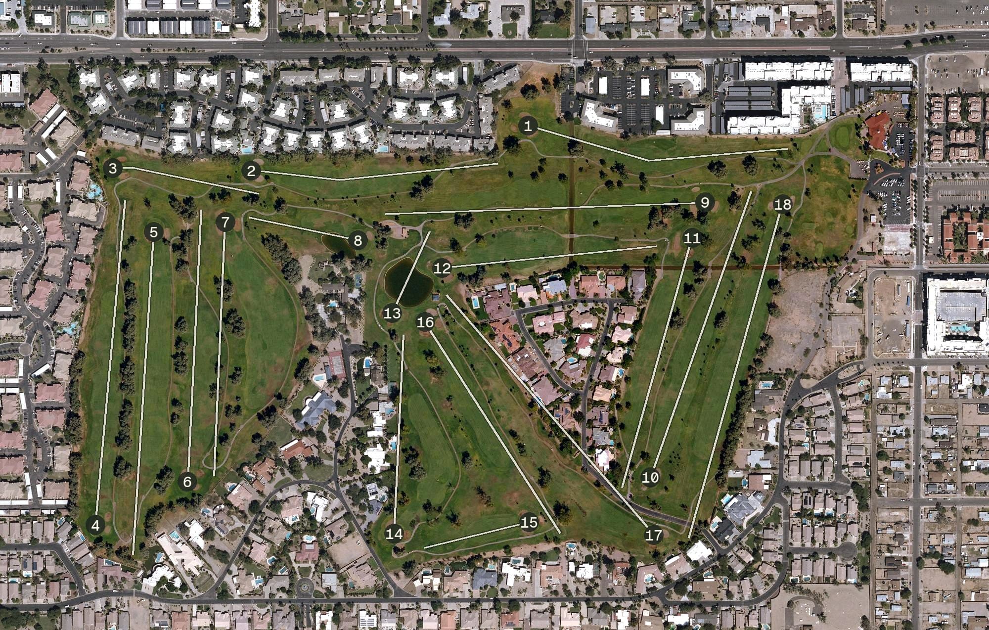 Aerial view of San Marcos Golf Course, AZ, with its hole routing marked