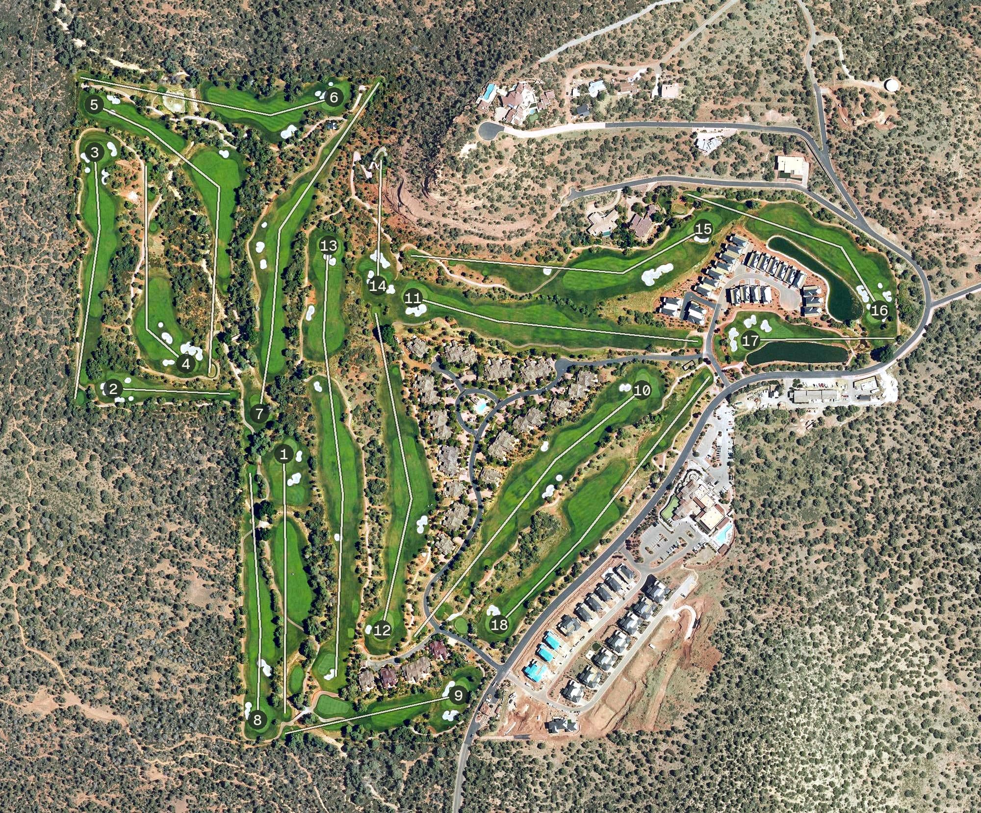 Aerial view of Seven Canyons, AZ, with its hole routing marked