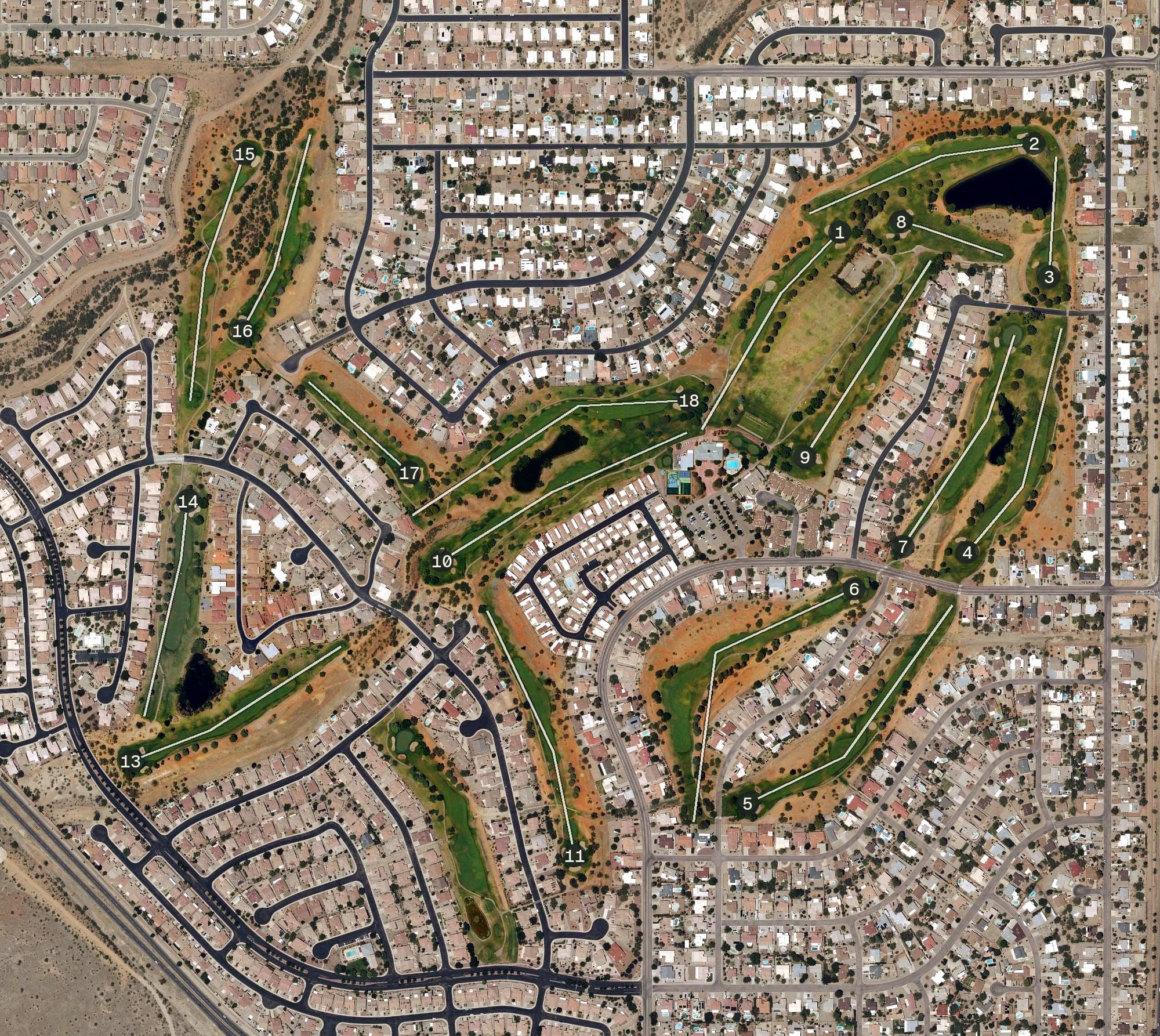 Aerial view of Sierra Vista Golf Center at Pueblo del Sol, AZ, with its hole routing marked