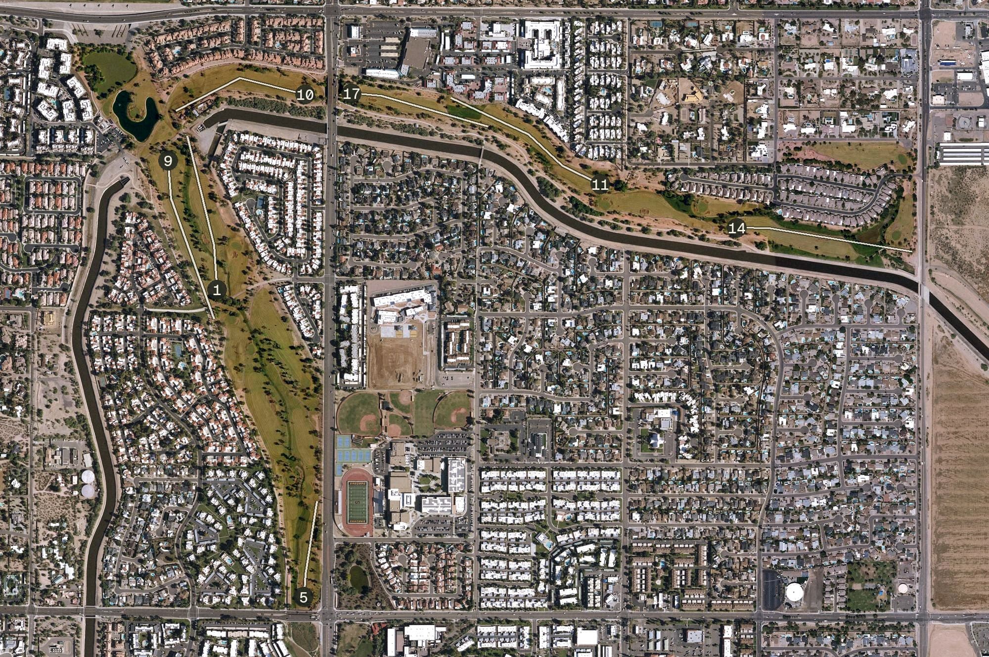 Aerial view of Silverado Golf Club, AZ, with its hole routing marked
