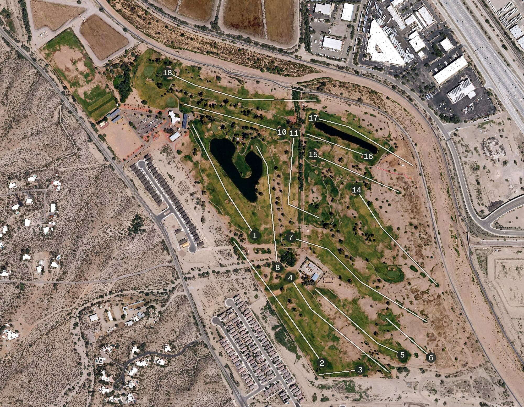 Aerial view of Silverbell Golf Course, AZ, with its hole routing marked