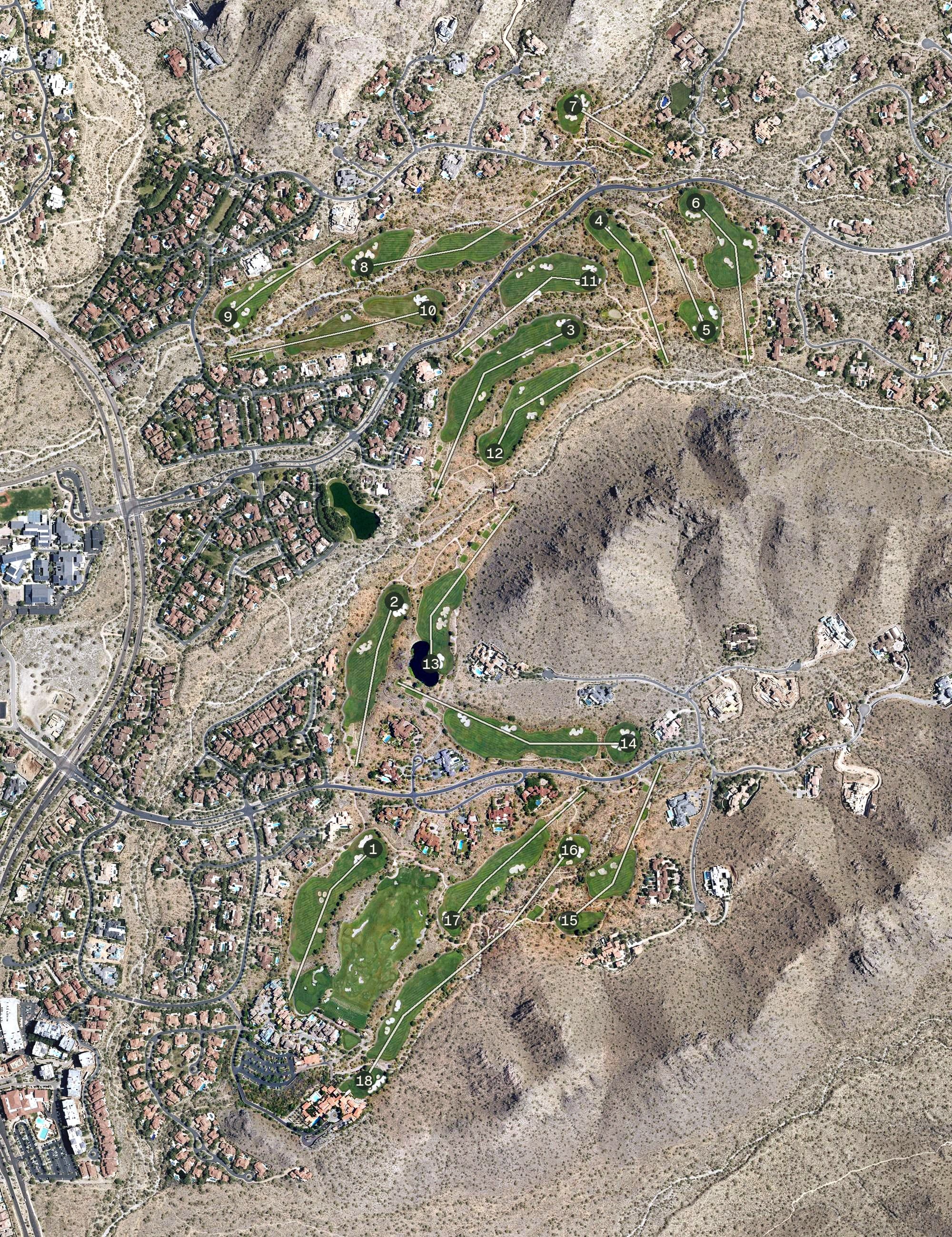 Aerial view of Silverleaf Country Club, AZ, with its hole routing marked
