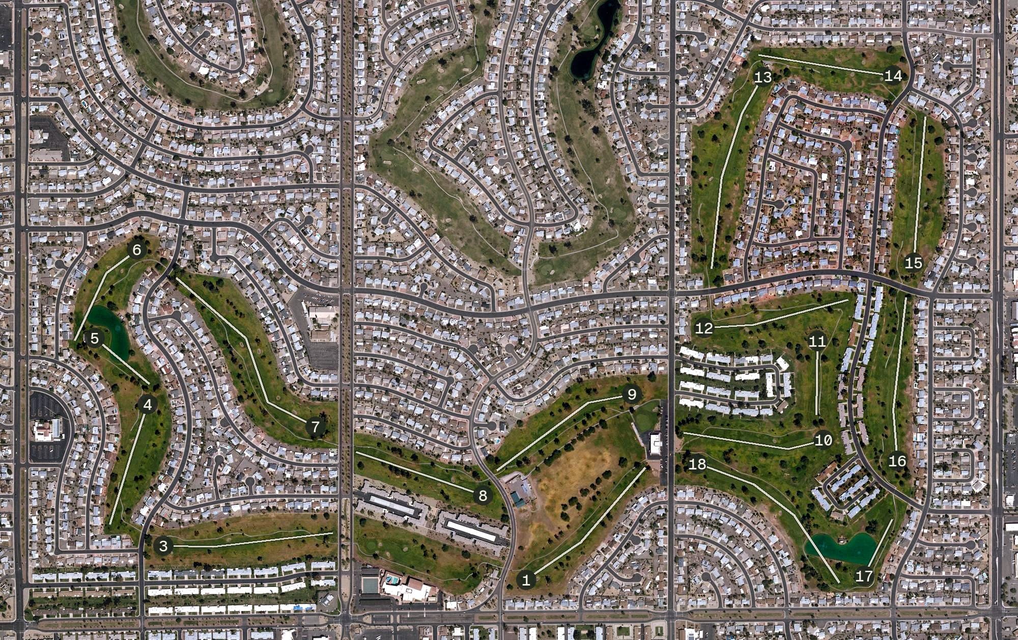 Aerial view of South Golf Course (Sun City), AZ, with its hole routing marked