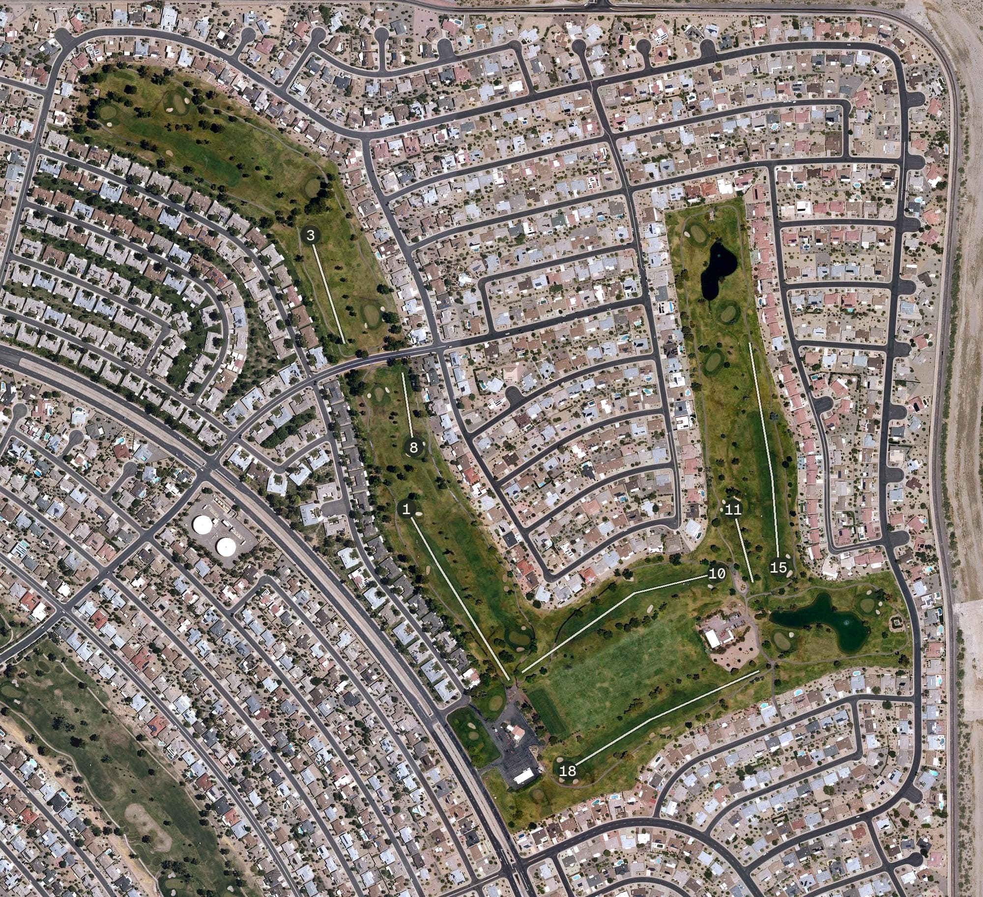 Aerial view of Stardust Golf Course, AZ, with its hole routing marked