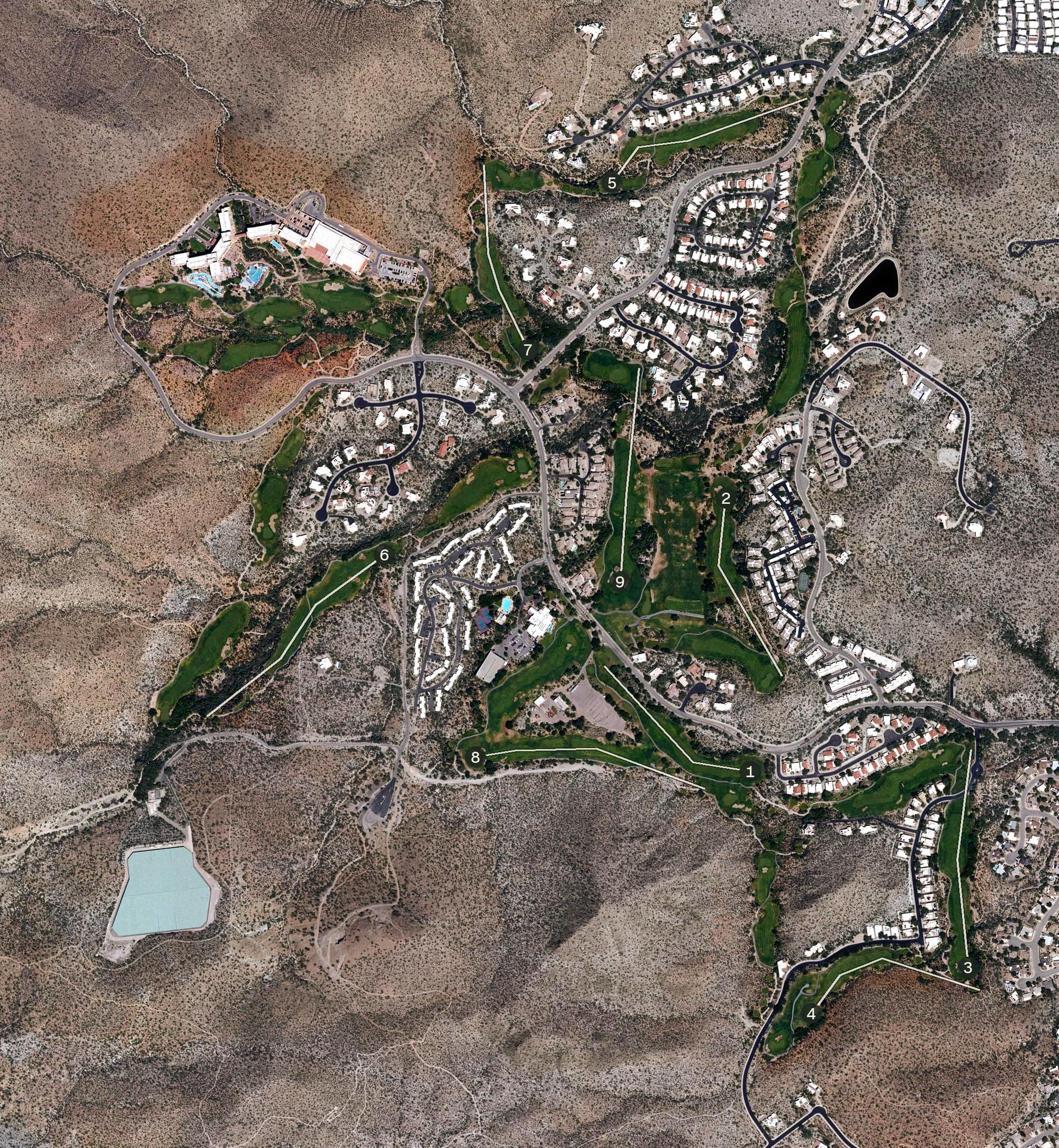 Aerial view of Starr Pass Golf Course, AZ, with its hole routing marked