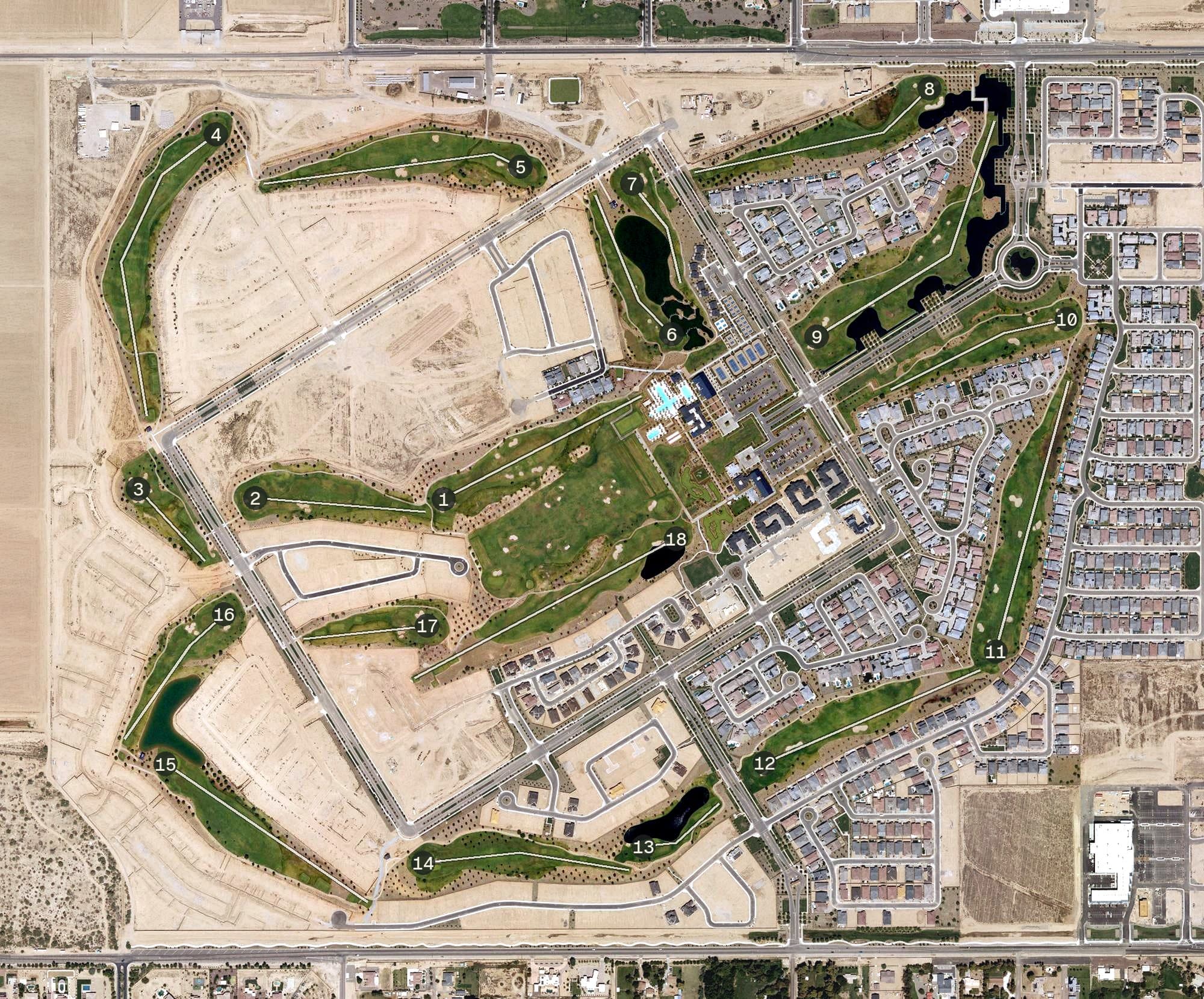 Aerial view of Sterling Grove Golf Course, AZ, with its hole routing marked