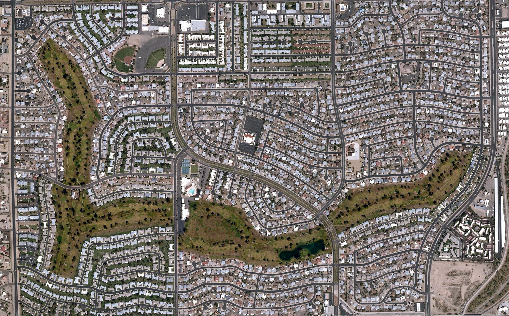 Aerial view of Sun City Country Club, AZ, with its hole routing marked