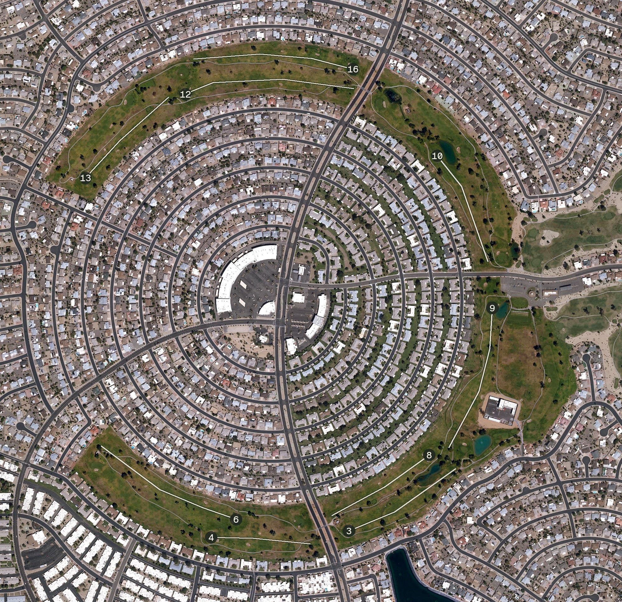 Aerial view of Sun City Lakes West Golf Course, AZ, with its hole routing marked