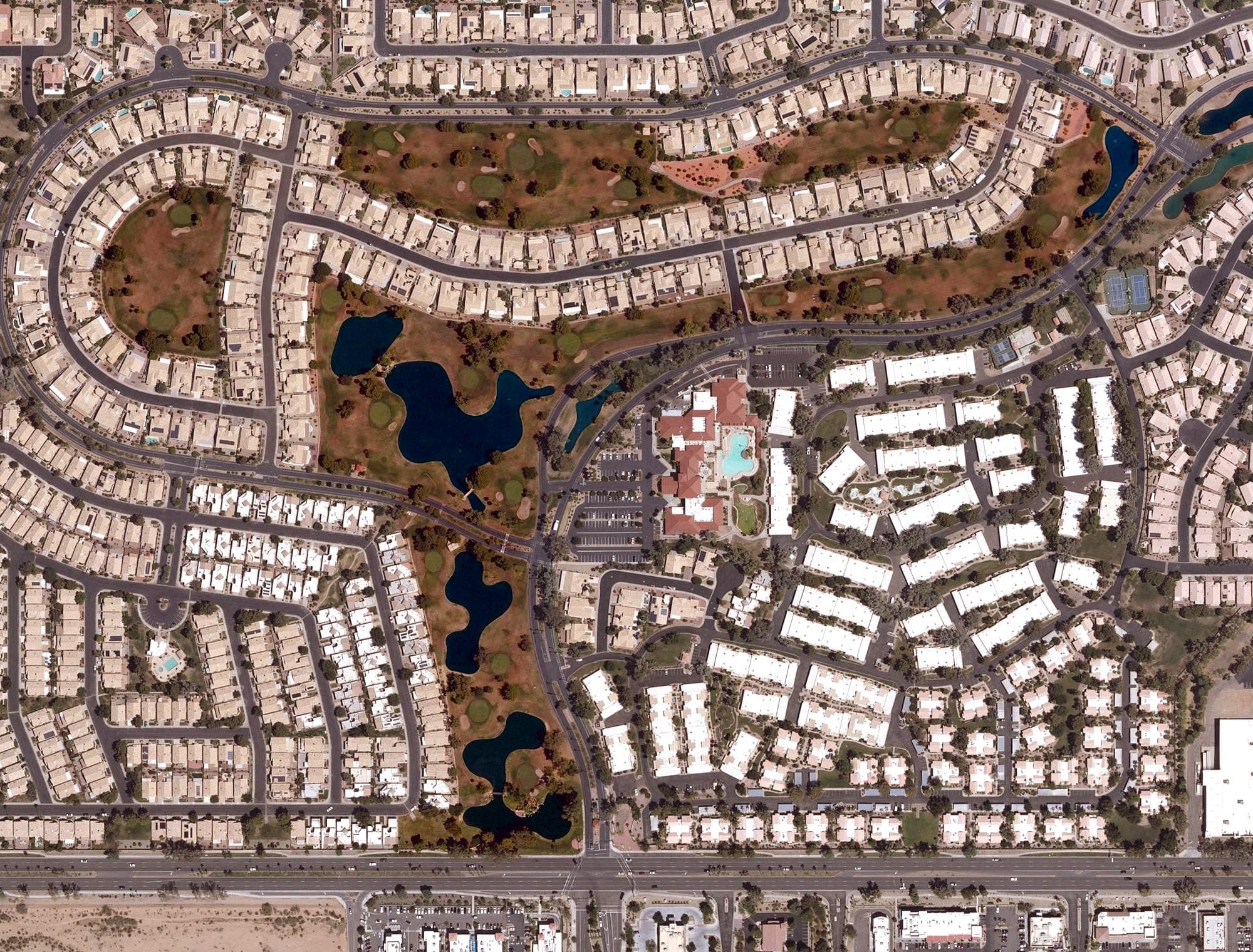 Aerial view of Sun Village Golf Course, AZ, with its hole routing marked
