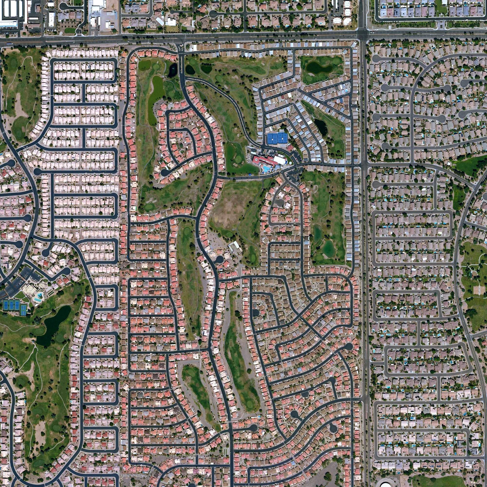 Aerial view of Sunbird Golf Club, AZ, with its hole routing marked