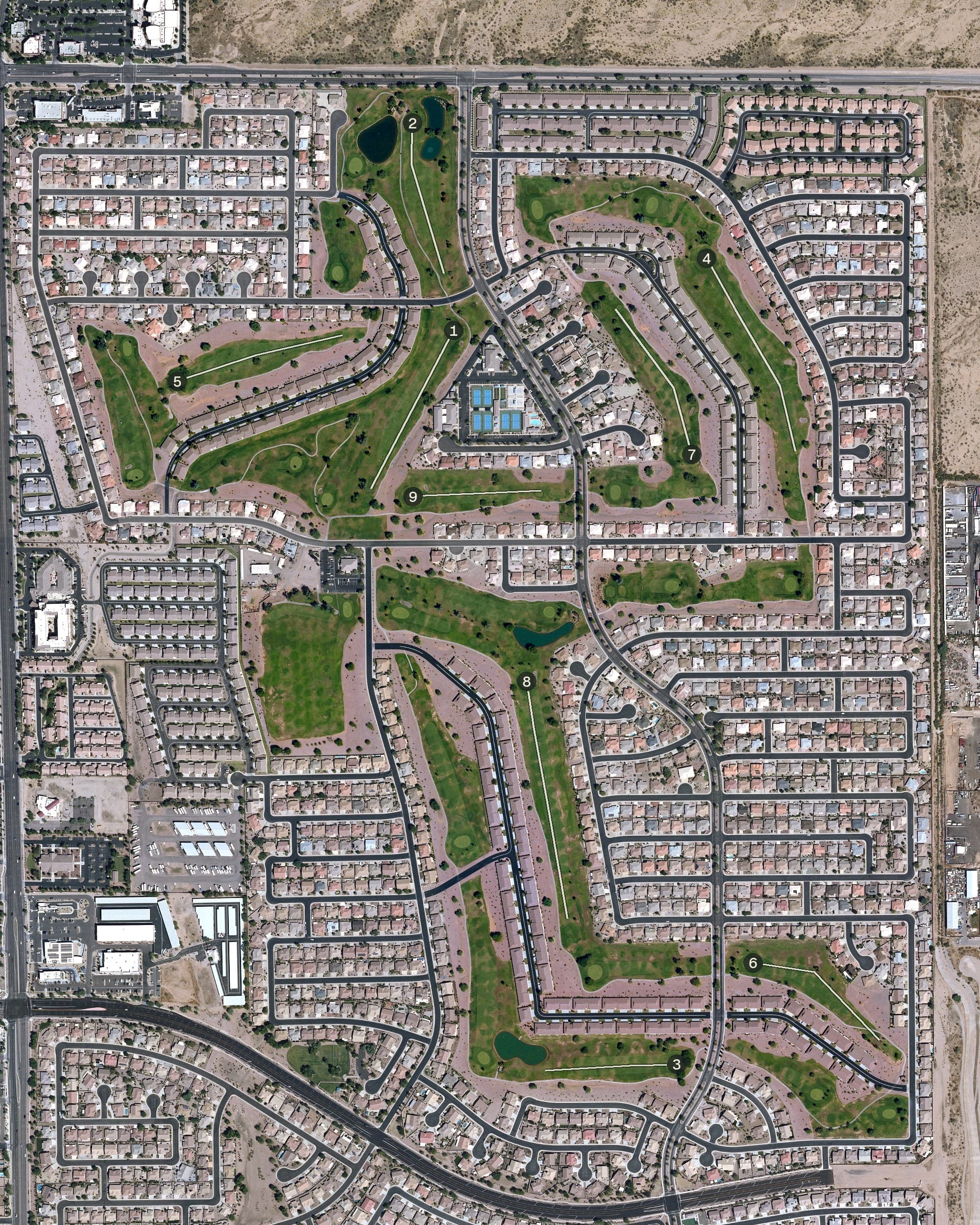 Aerial view of Sunland Springs Golf, AZ, with its hole routing marked