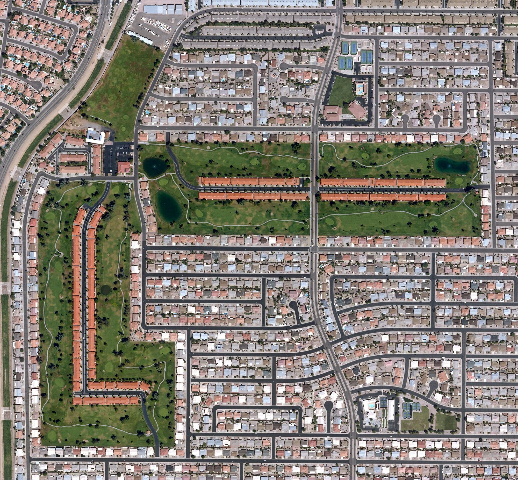 Aerial view of Sunland Village East Golf Club, AZ, with its hole routing marked