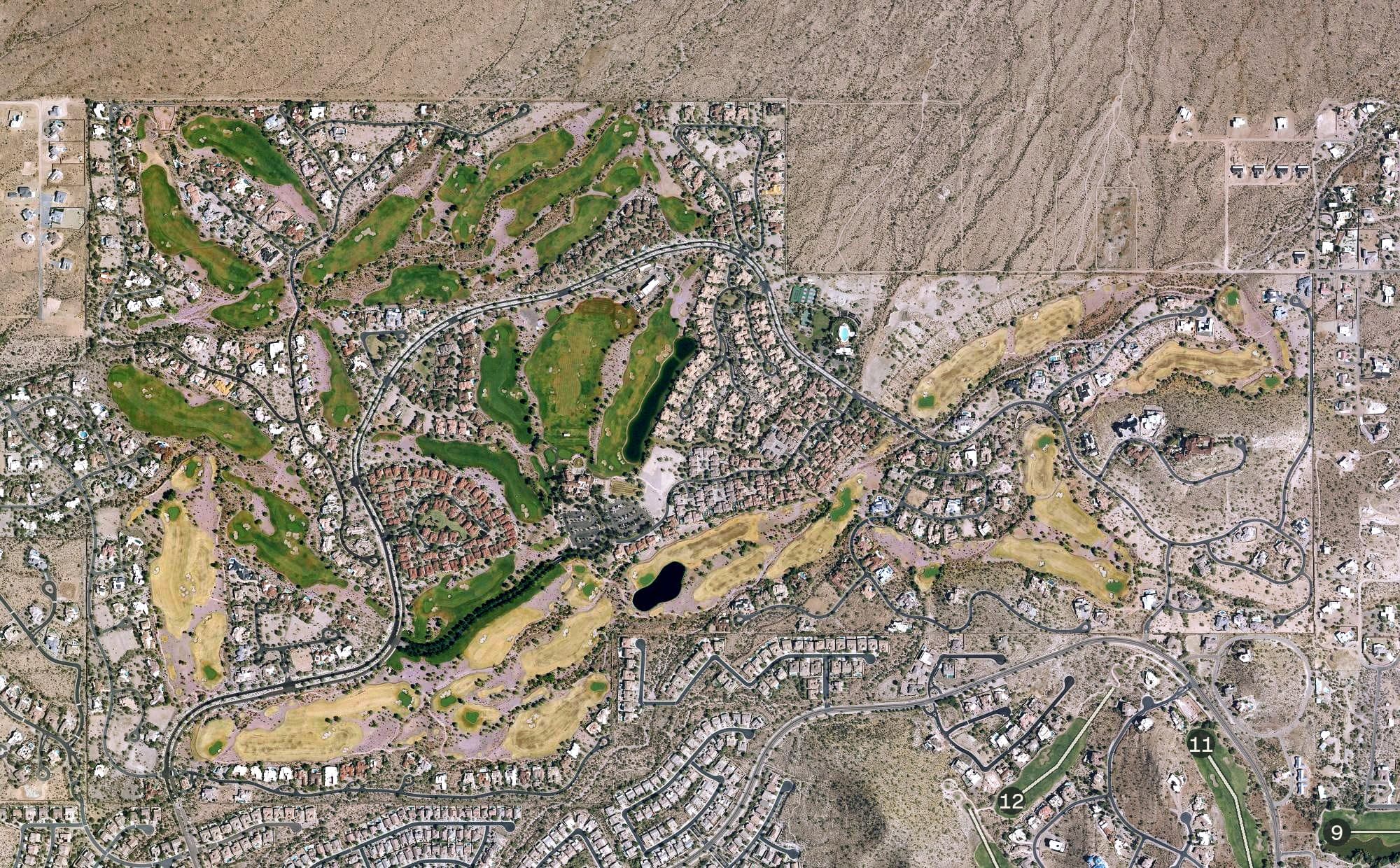 Aerial view of Superstition Mountain Golf, AZ, with its hole routing marked