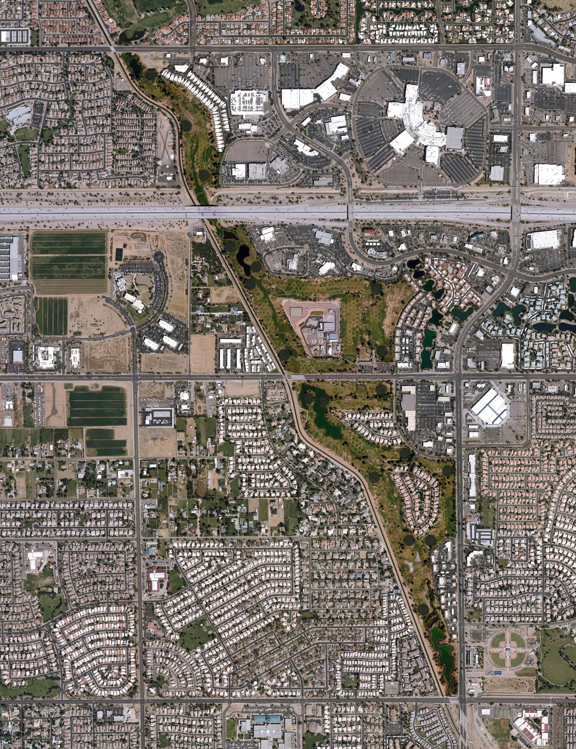 Aerial view of Superstition Springs Golf Course, AZ, with its hole routing marked