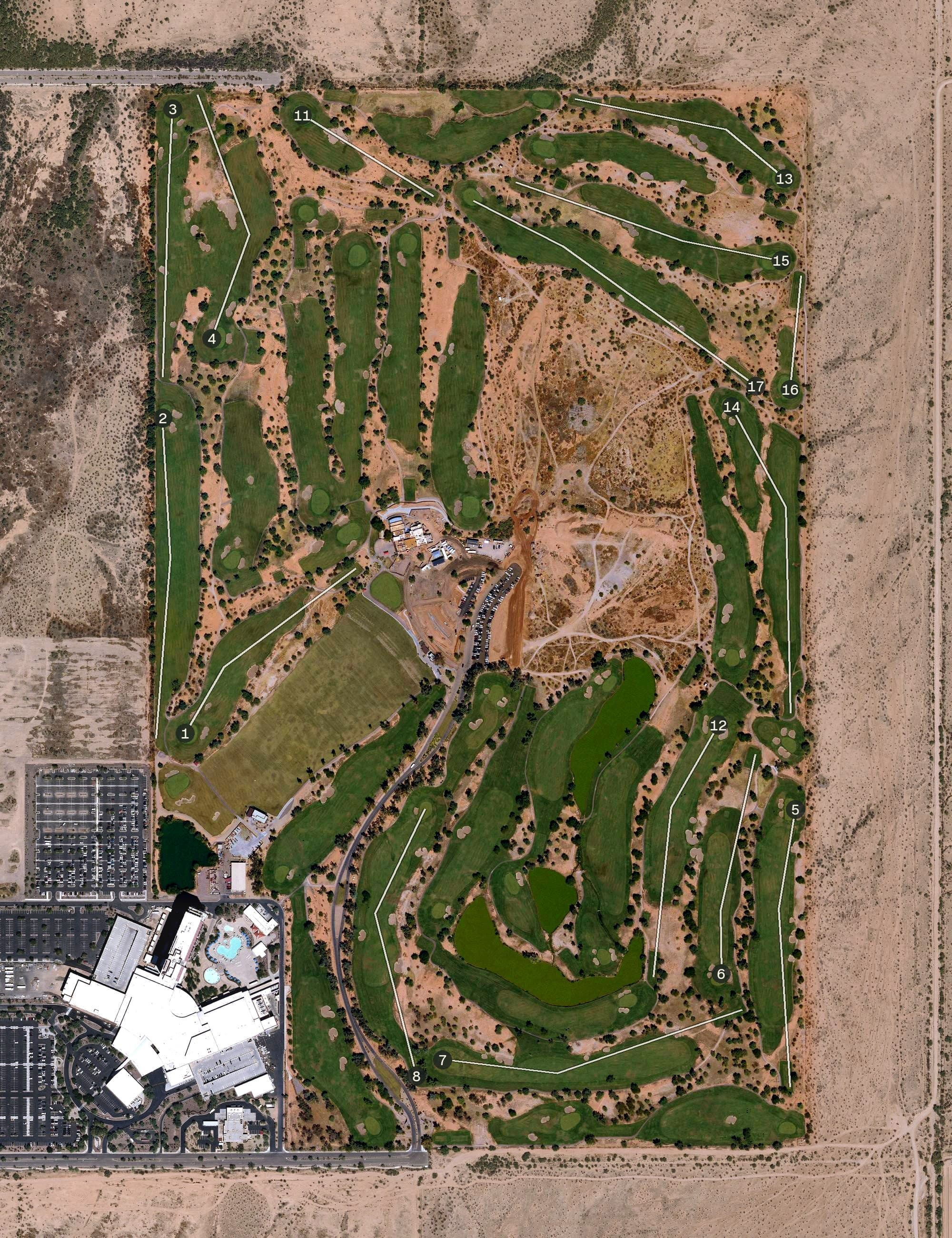 Aerial view of Talking Stick Golf Club, AZ, with its hole routing marked