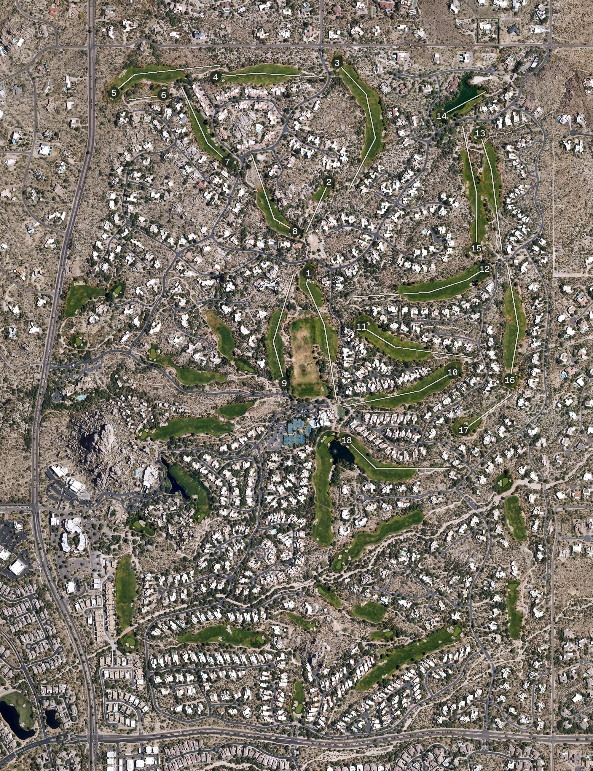 Aerial view of The Boulders Golf Club, AZ, with its hole routing marked
