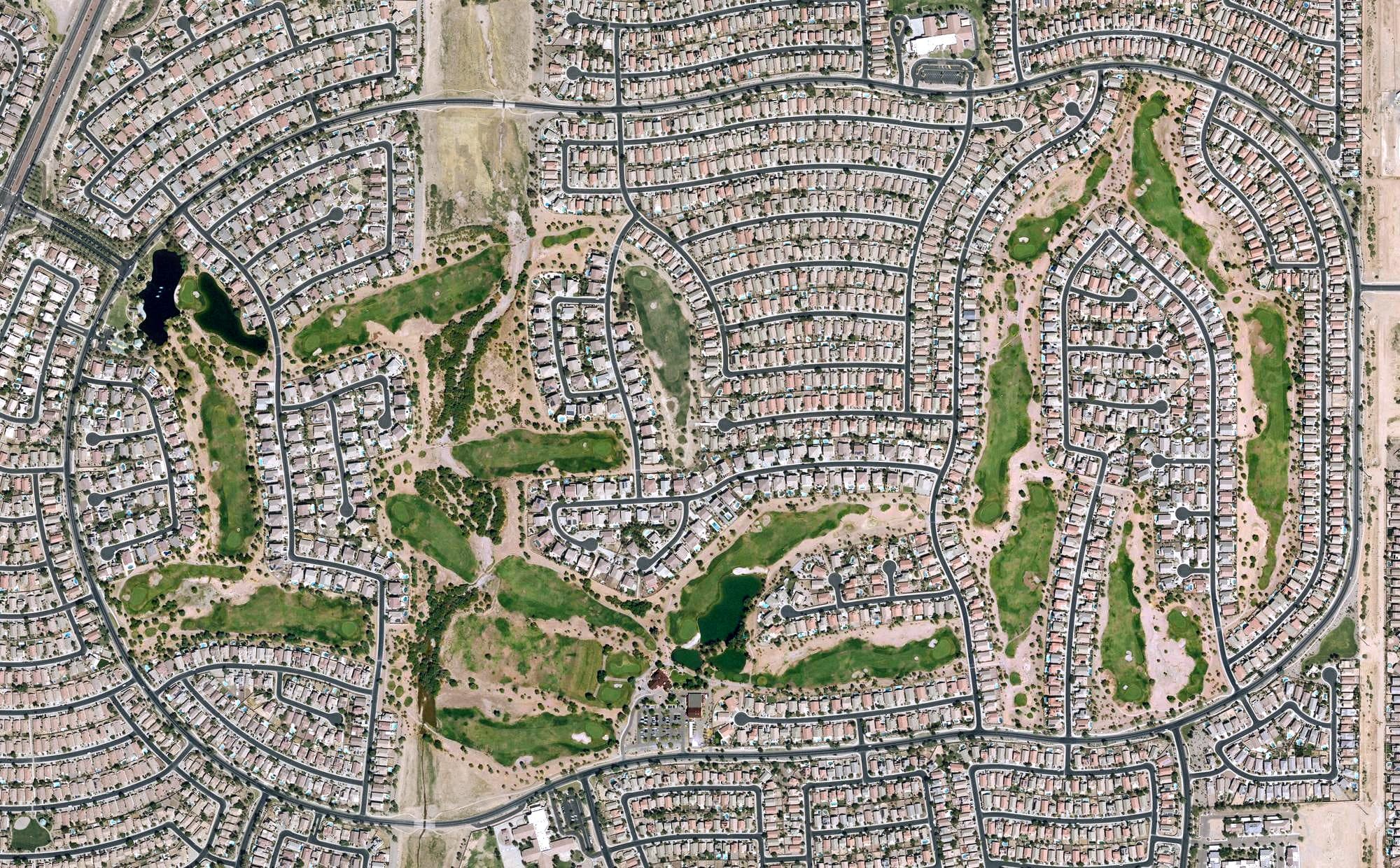 Aerial view of The Duke at Rancho El Dorado, AZ, with its hole routing marked