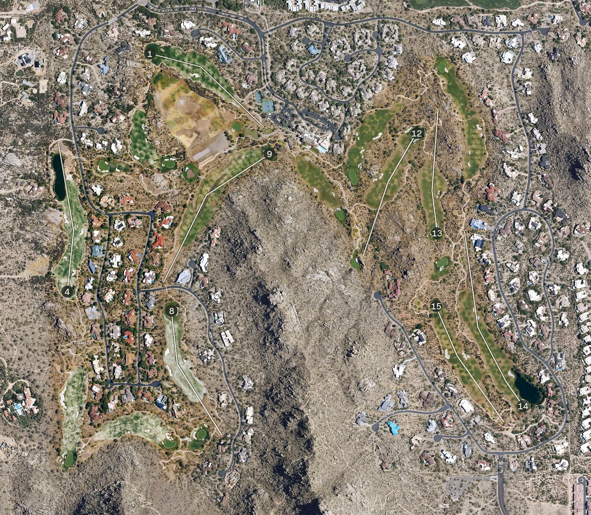 Aerial view of The Estancia Club, AZ, with its hole routing marked