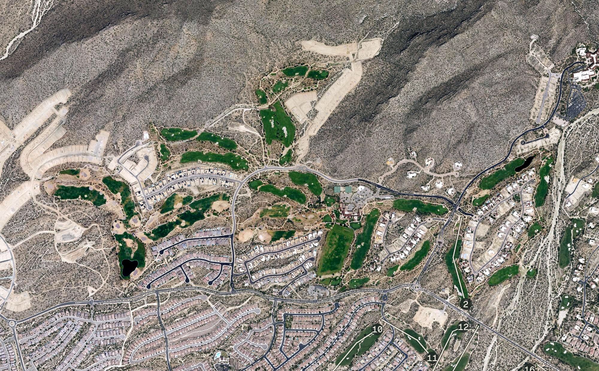 Aerial view of The Golf Club at Dove Mountain, AZ, with its hole routing marked