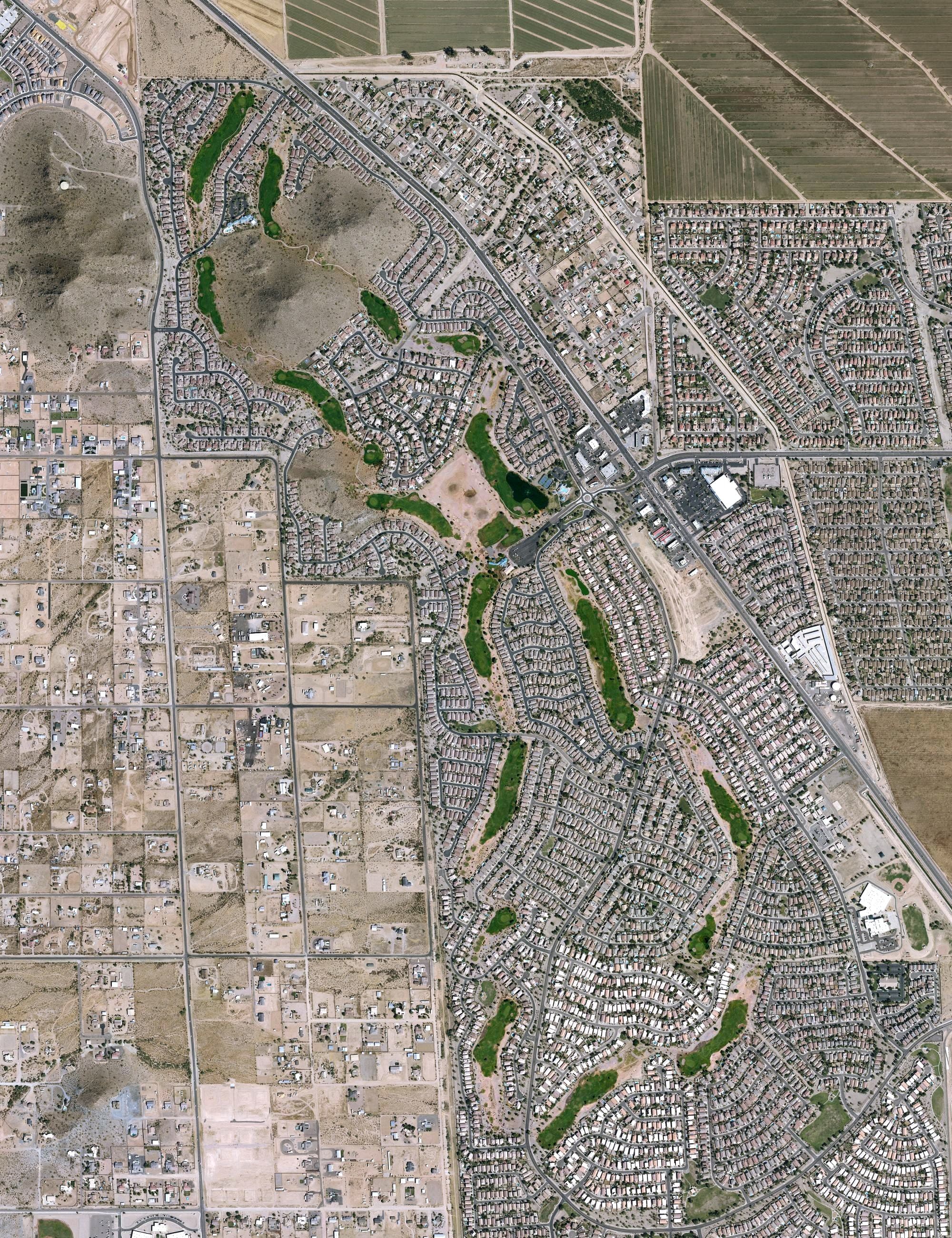 Aerial view of The Golf Club at Johnson Ranch, AZ, with its hole routing marked