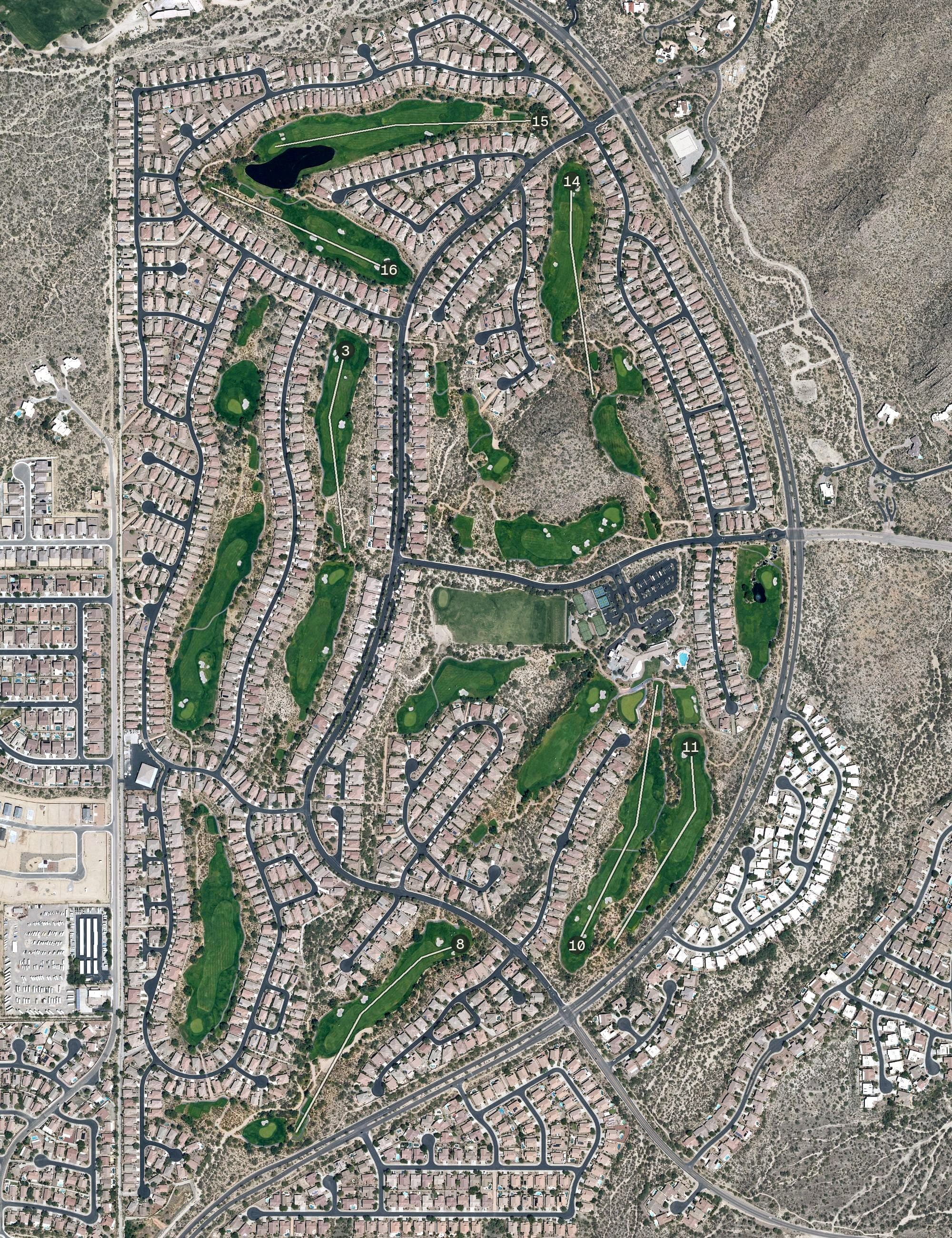 Aerial view of The Highlands at Dove Mountain (Heritage Highlands), AZ, with its hole routing marked
