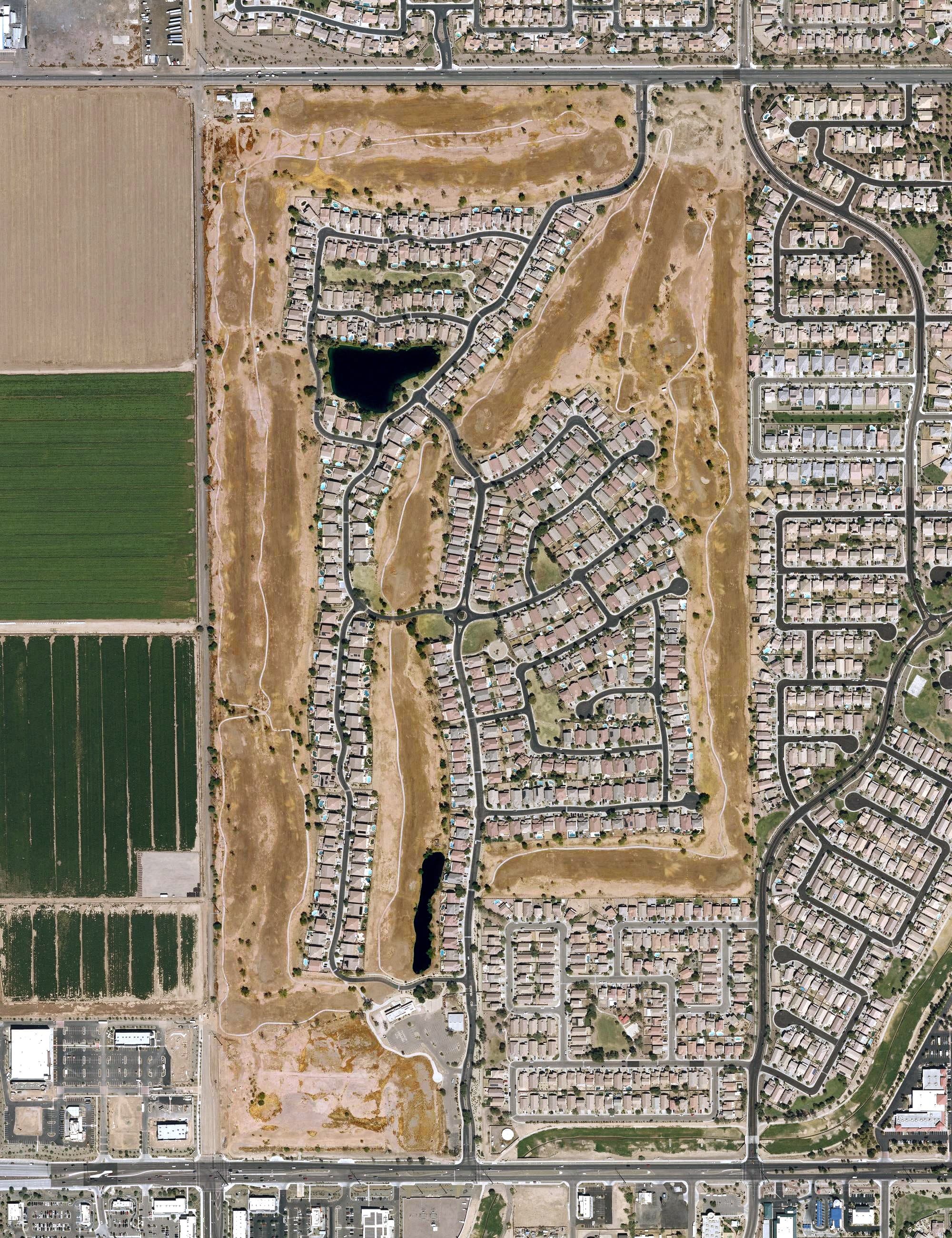 Aerial view of The Score at Cottonfields Golf Course, AZ, with its hole routing marked